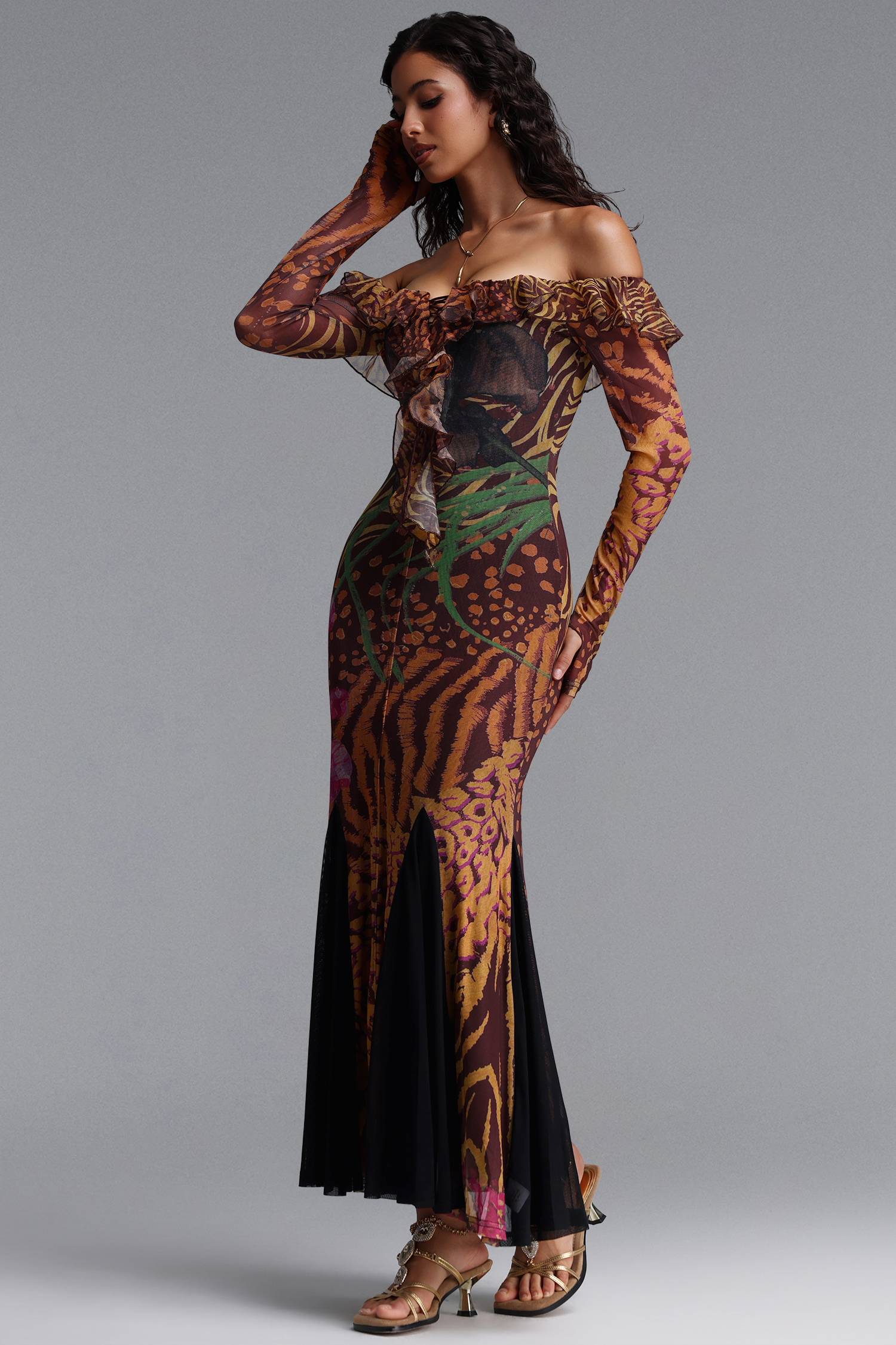 Taylor Vintage Contour Off Shoulder Long Sleeve Print Mesh Maxi Dress