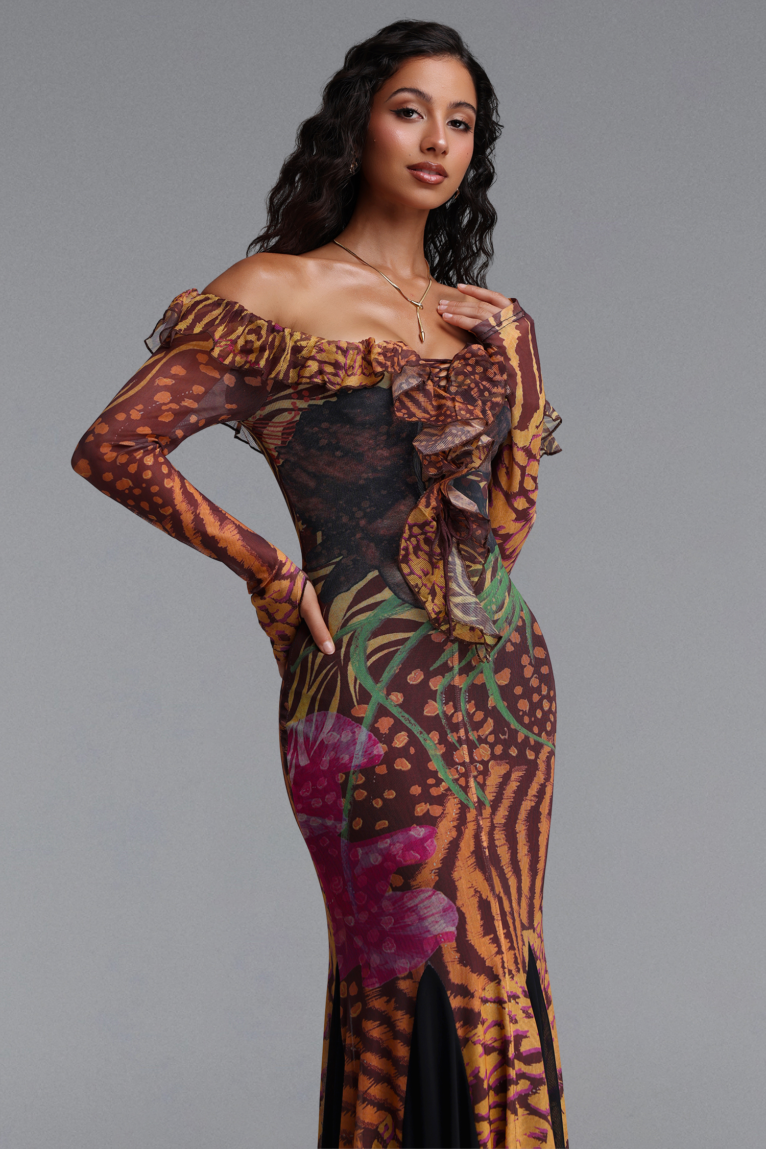 Taylor Vintage Contour Off Shoulder Long Sleeve Print Mesh Maxi Dress