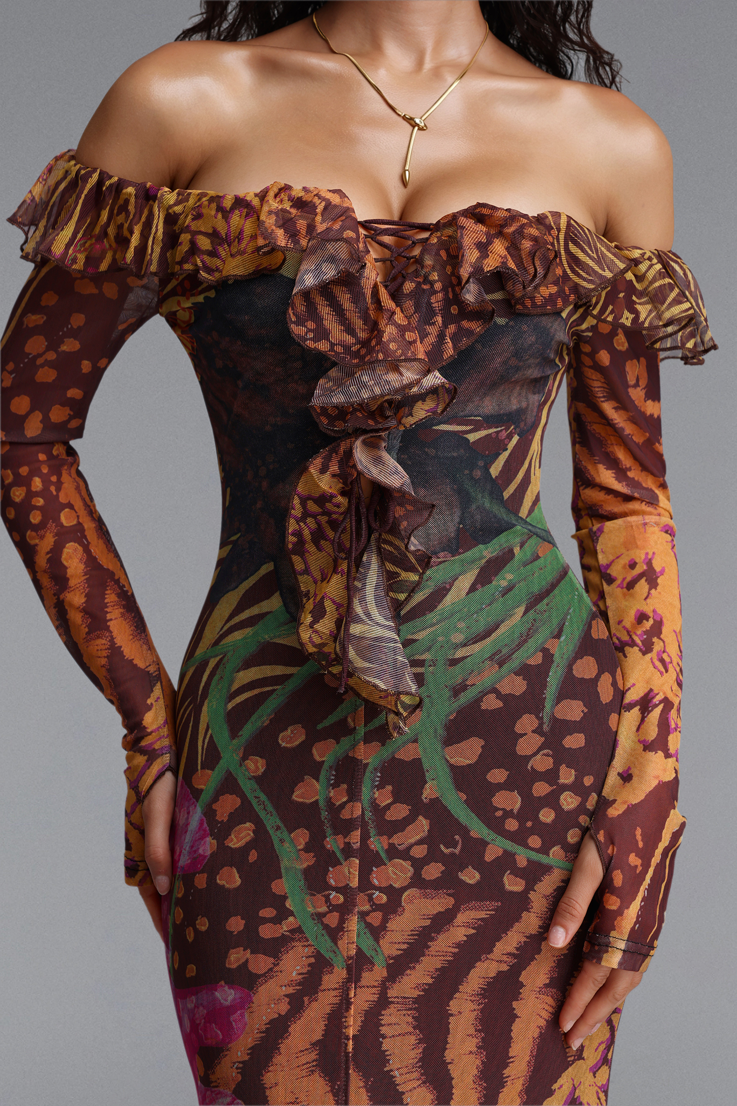 Taylor Vintage Contour Off Shoulder Long Sleeve Print Mesh Maxi Dress