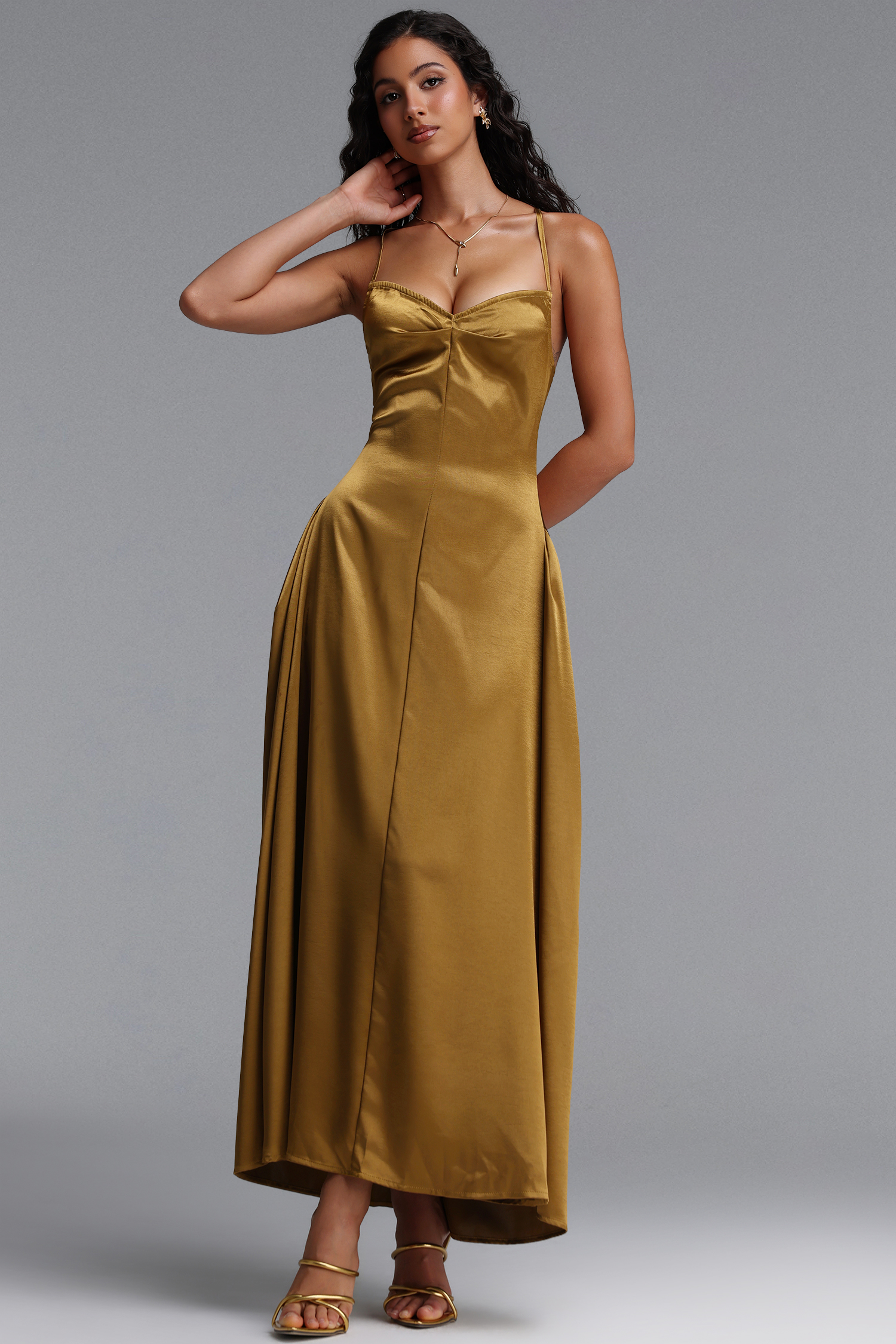 Kelza Classic Tailored Spaghetti Strap Shimmer Satin Maxi Dress