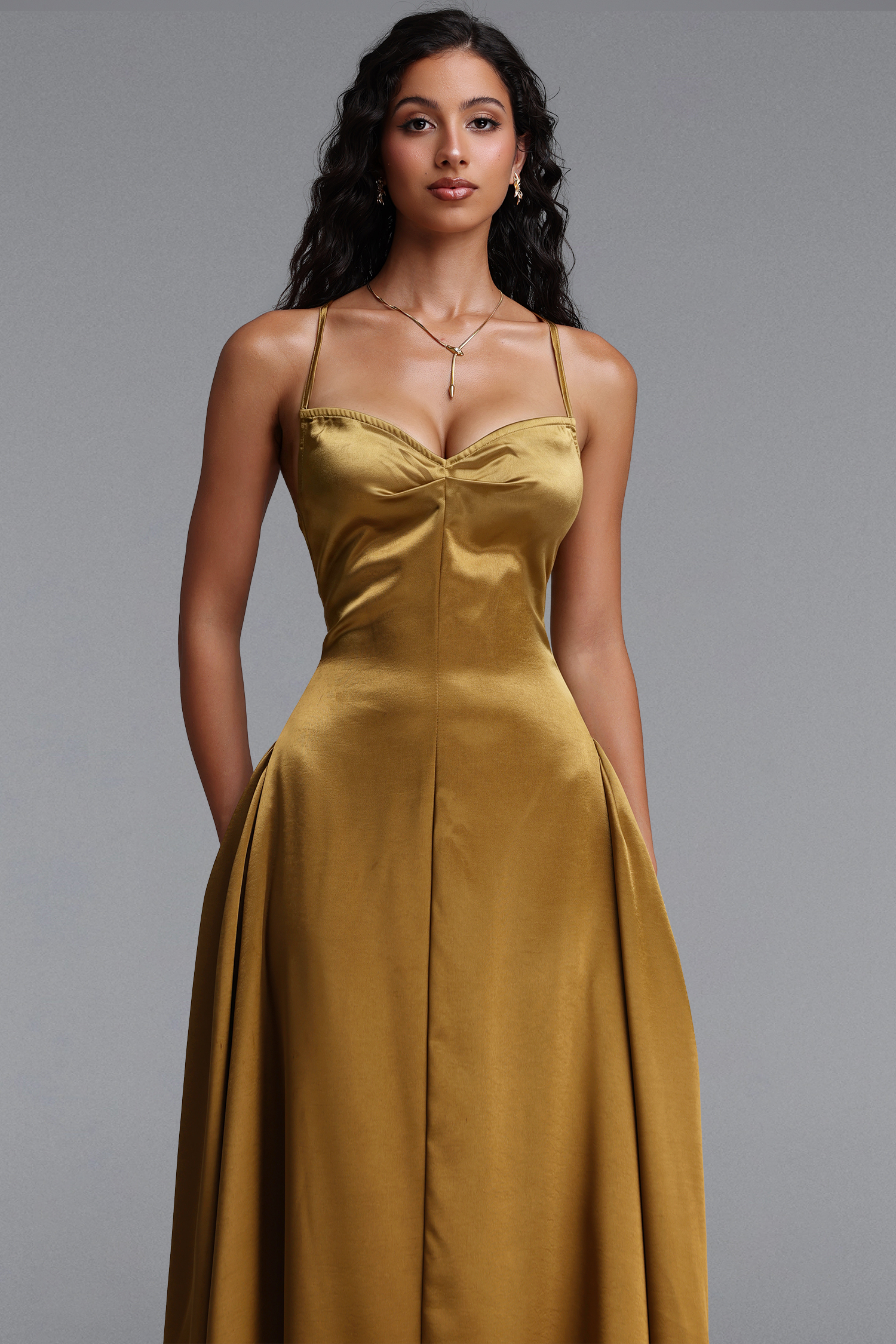 Kelza Classic Tailored Spaghetti Strap Shimmer Satin Maxi Dress