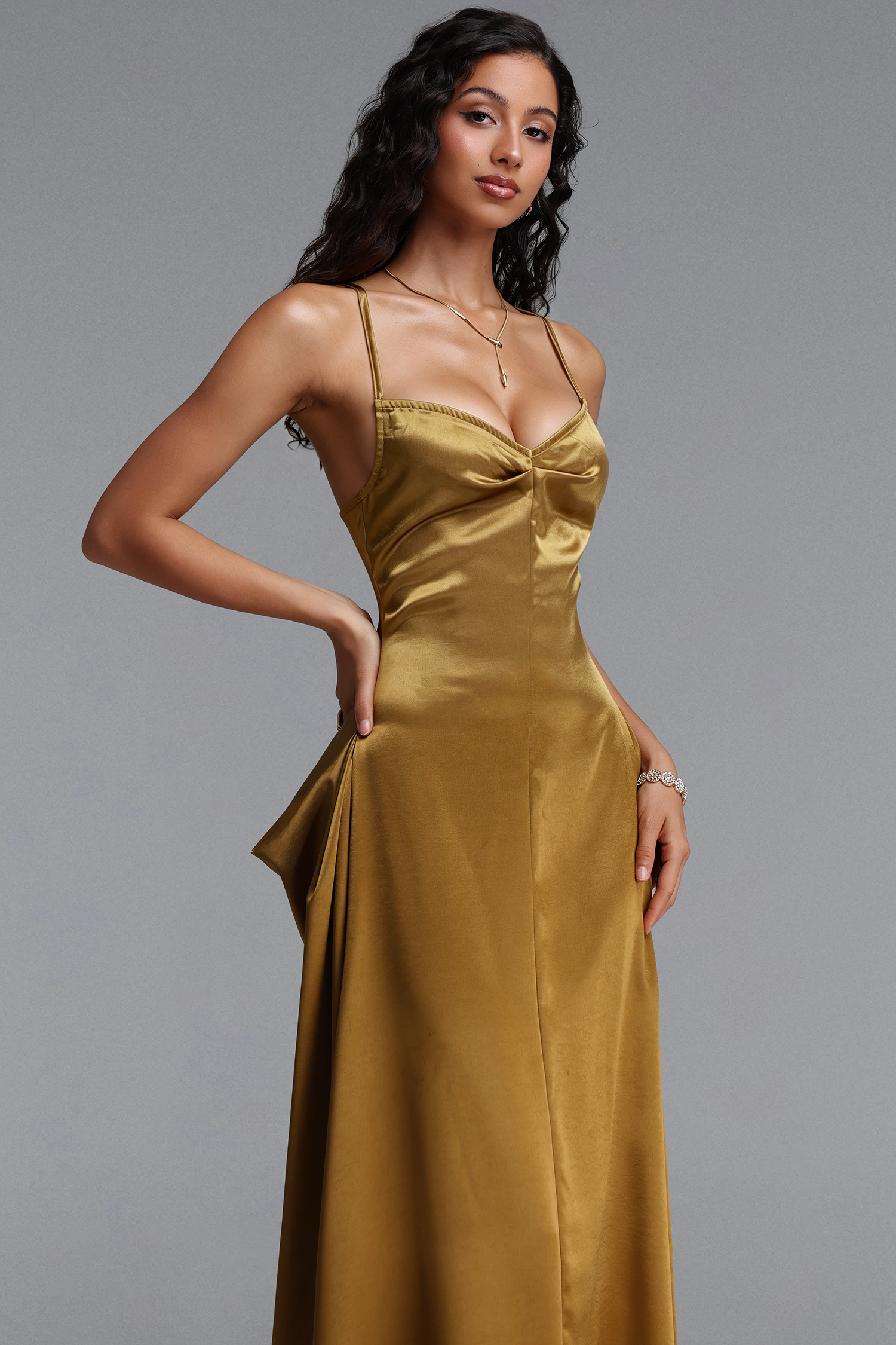 Kelza Classic Tailored Spaghetti Strap Shimmer Satin Maxi Dress