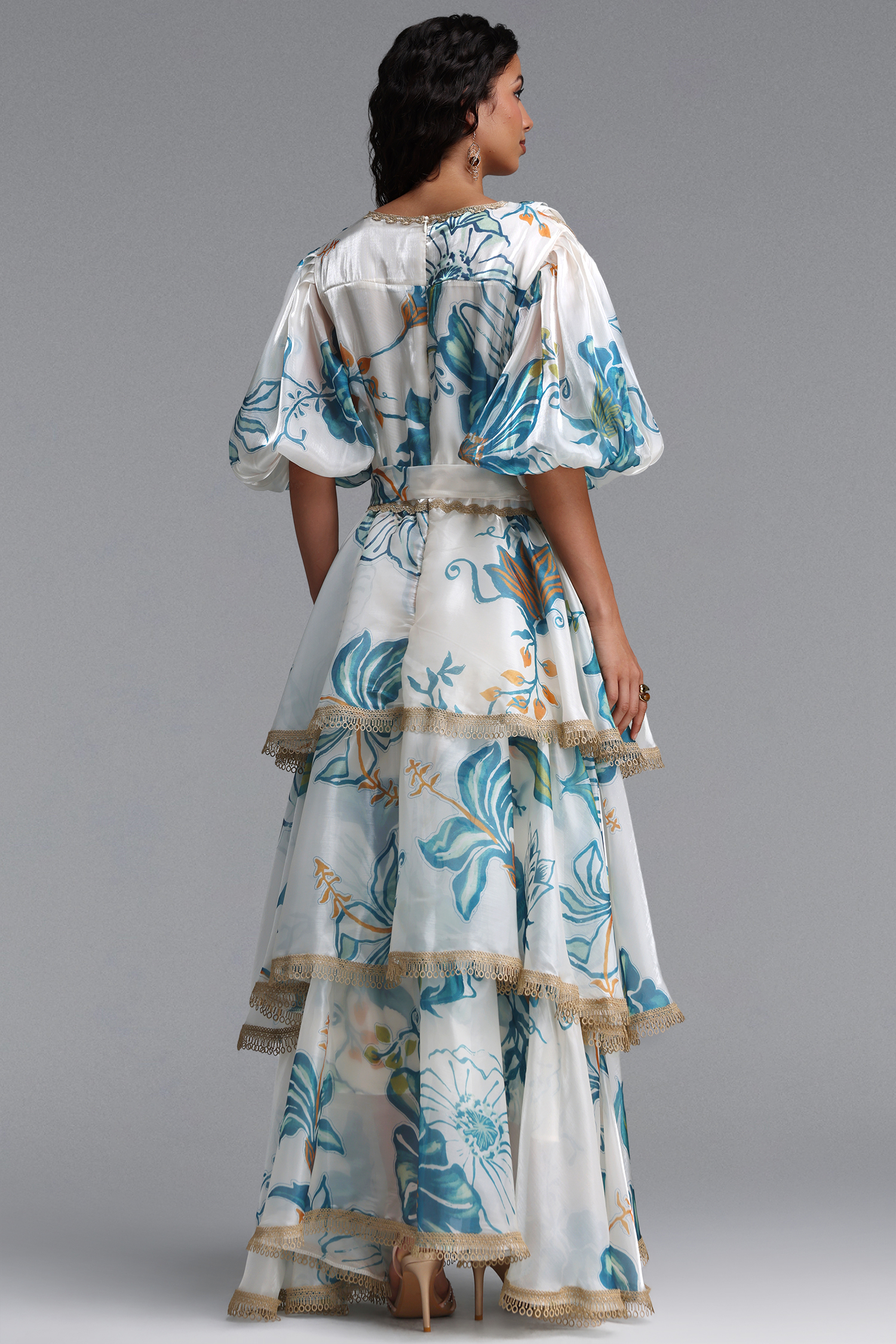 Lisbon Resort Flowy Puff Sleeve Floral Print Organza Maxi Dress
