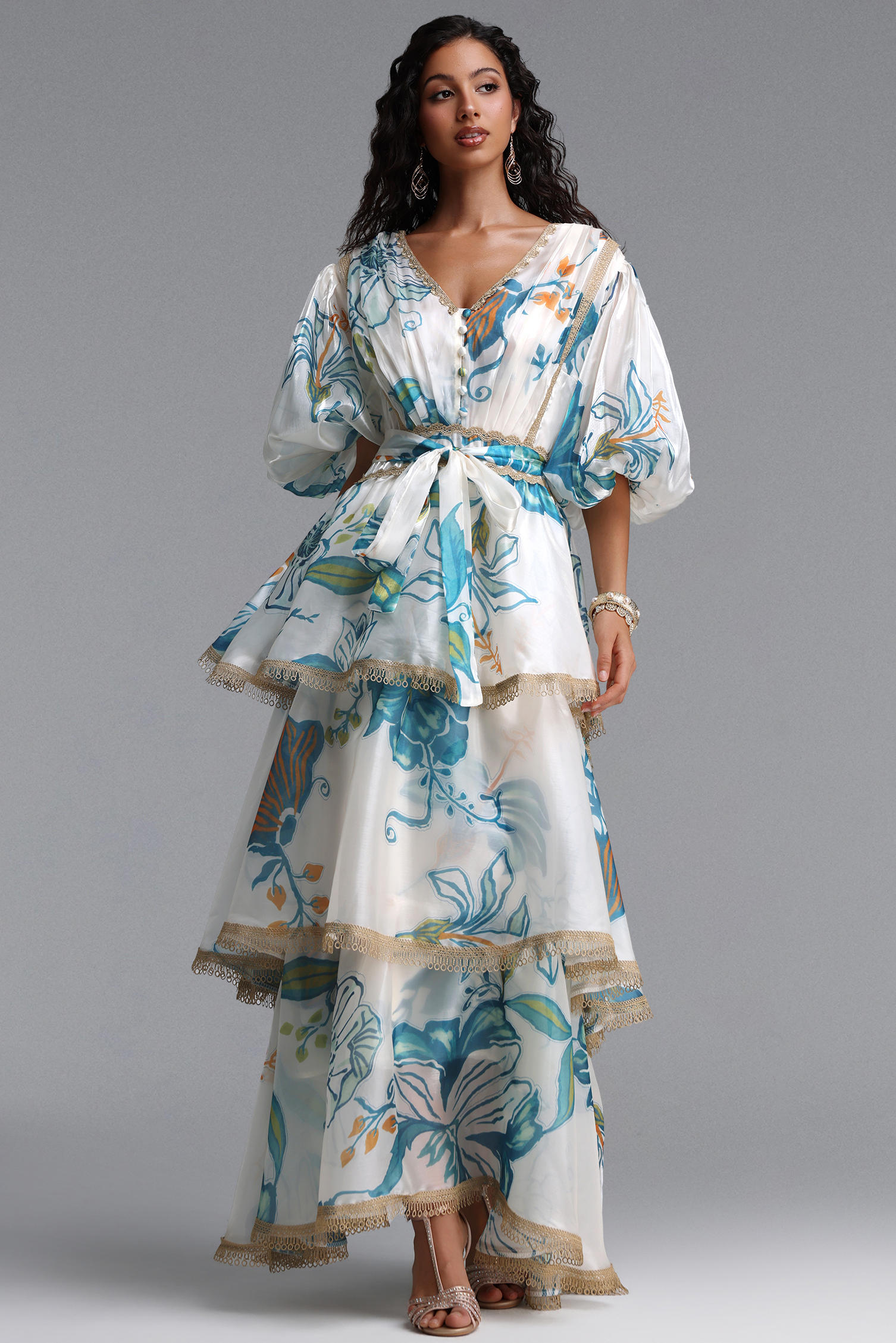 Lisbon Resort Flowy Puff Sleeve Floral Print Organza Maxi Dress