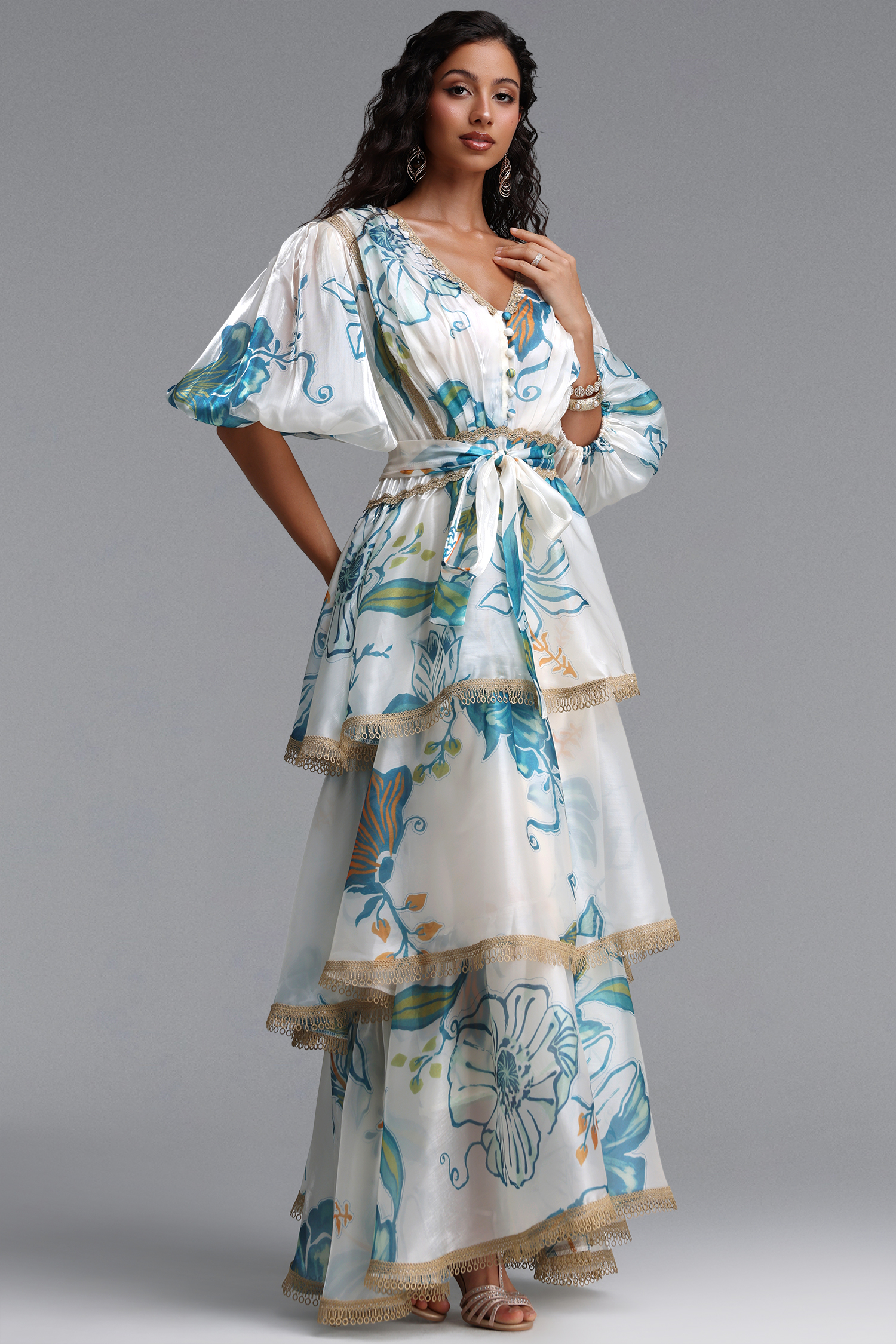 Lisbon Resort Flowy Puff Sleeve Floral Print Organza Maxi Dress