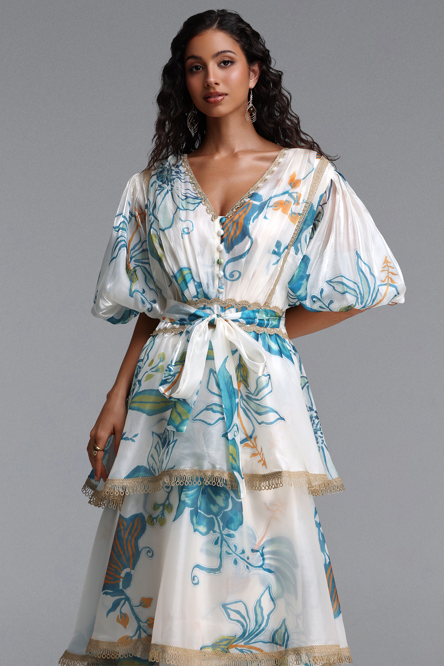 Lisbon Resort Flowy Puff Sleeve Floral Print Organza Maxi Dress