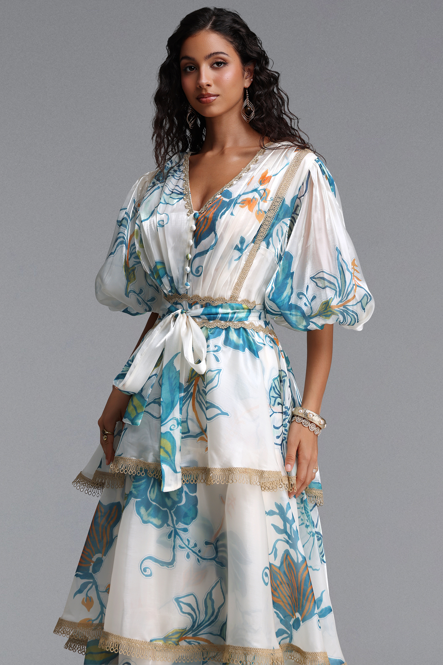 Lisbon Resort Flowy Puff Sleeve Floral Print Organza Maxi Dress