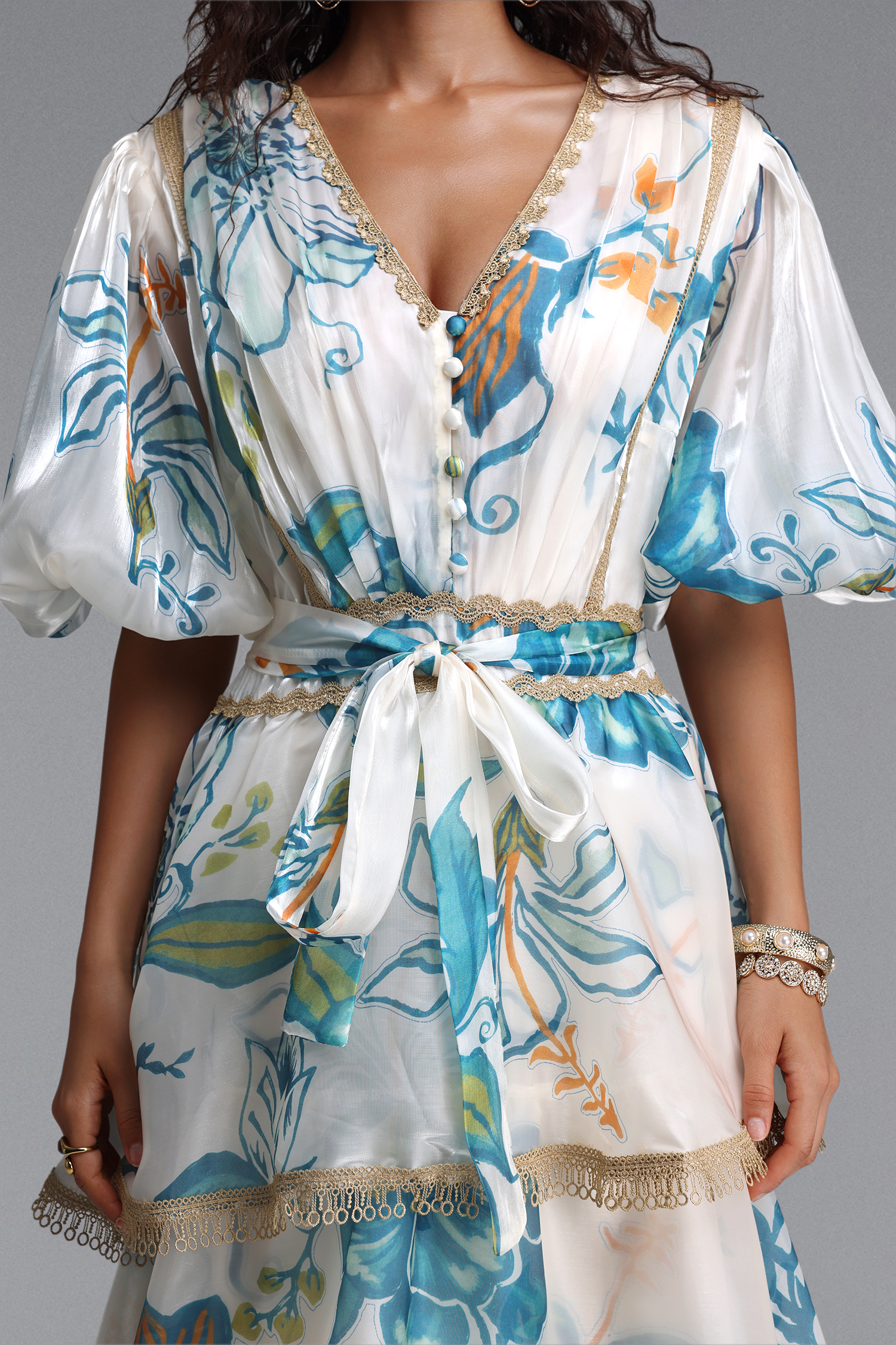 Lisbon Resort Flowy Puff Sleeve Floral Print Organza Maxi Dress