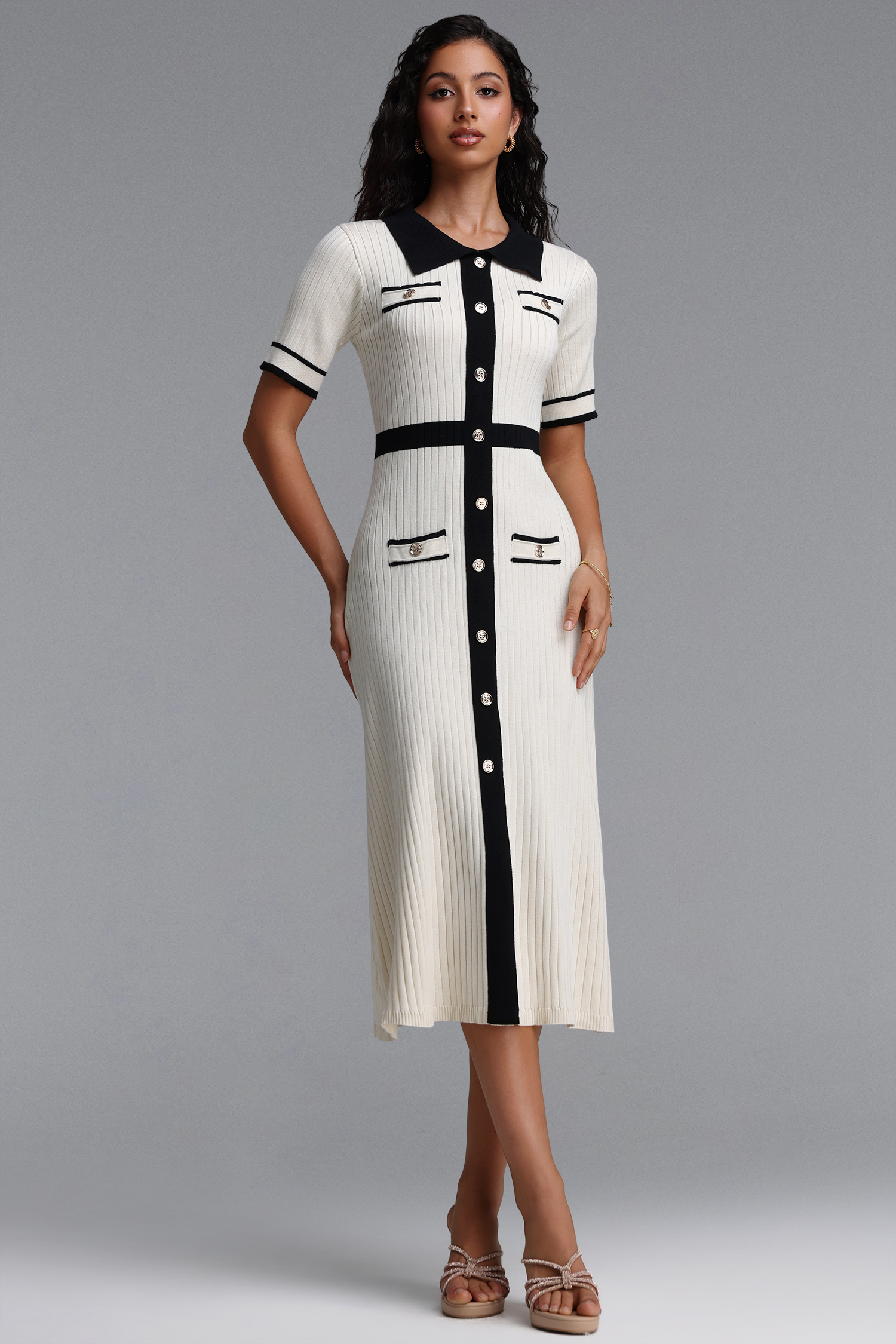 Kamaria Elegant Contour Short Sleeve Knit Midi Dress