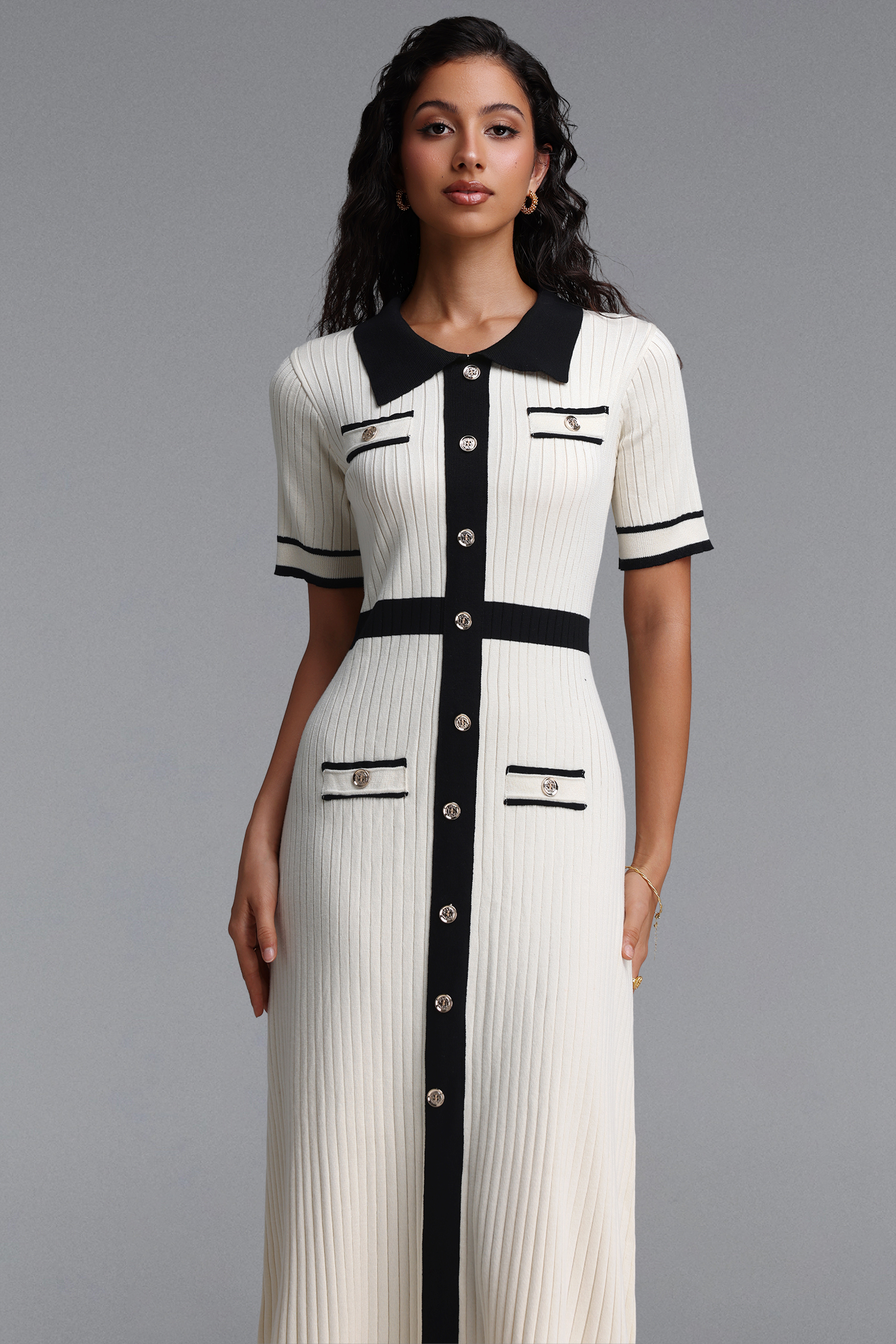 Kamaria Elegant Contour Short Sleeve Knit Midi Dress