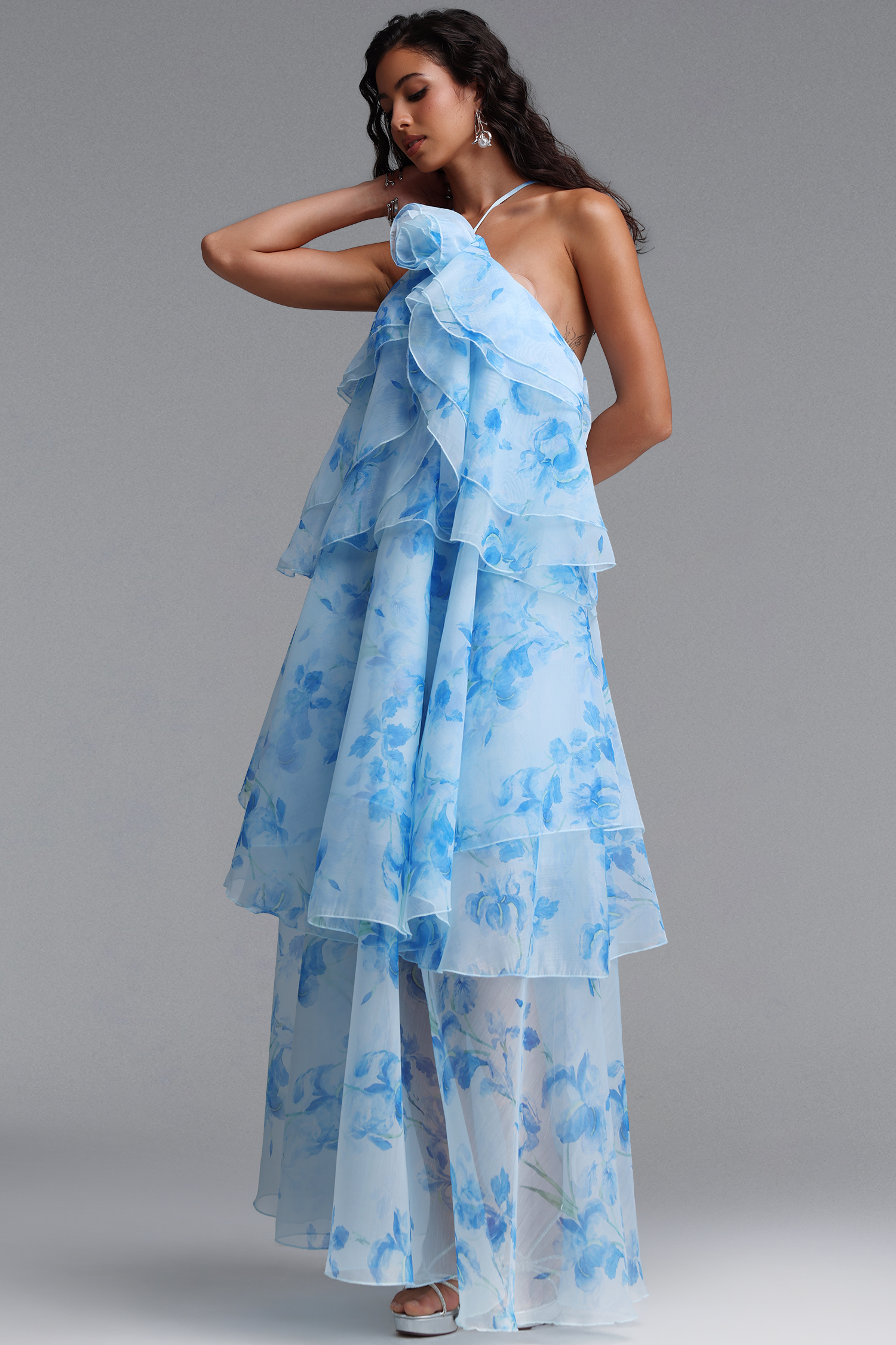 Sapphire Resort Flowy Sleeveless Floral Print Woven Blue Maxi Dress