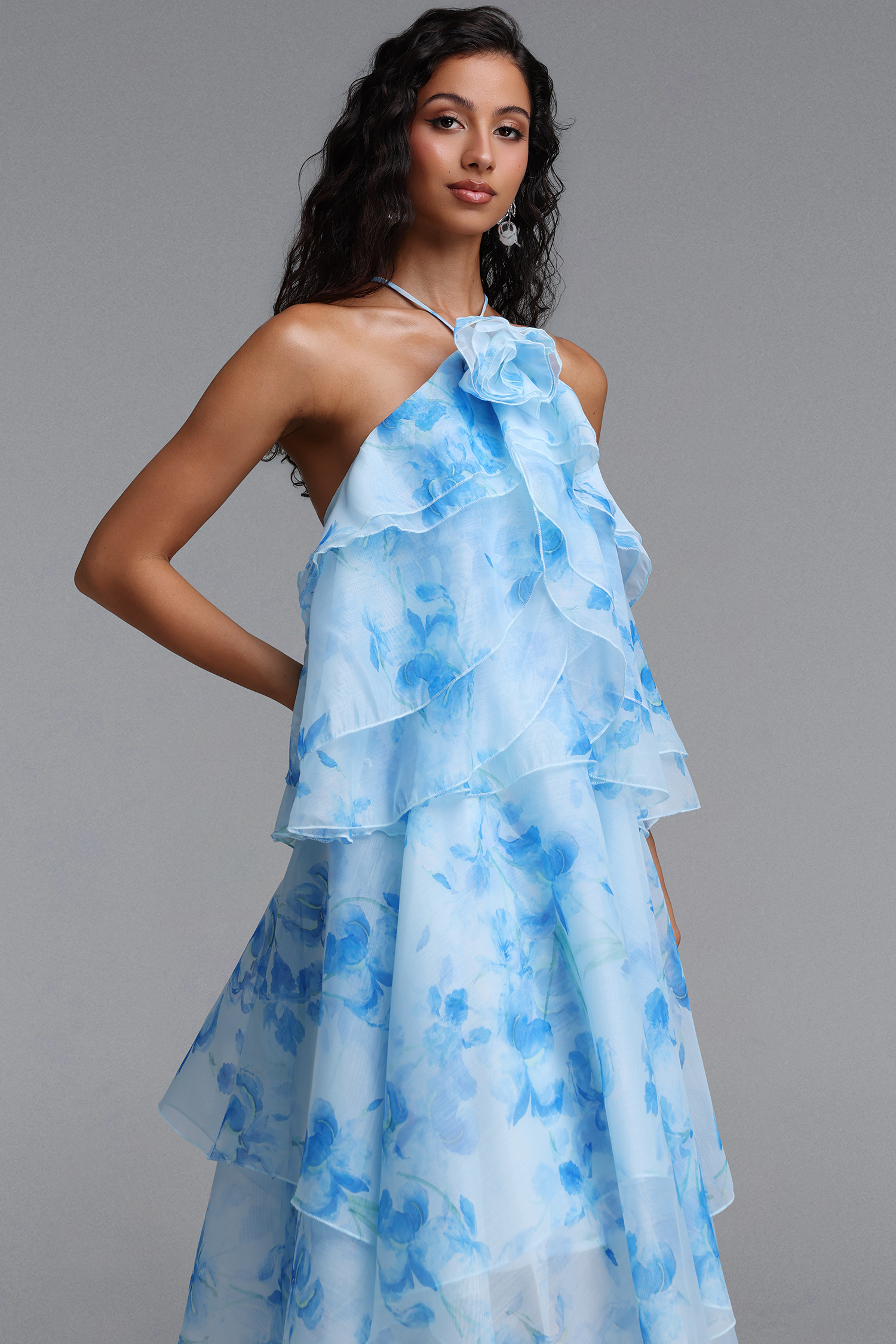 Sapphire Resort Flowy Sleeveless Floral Print Woven Blue Maxi Dress