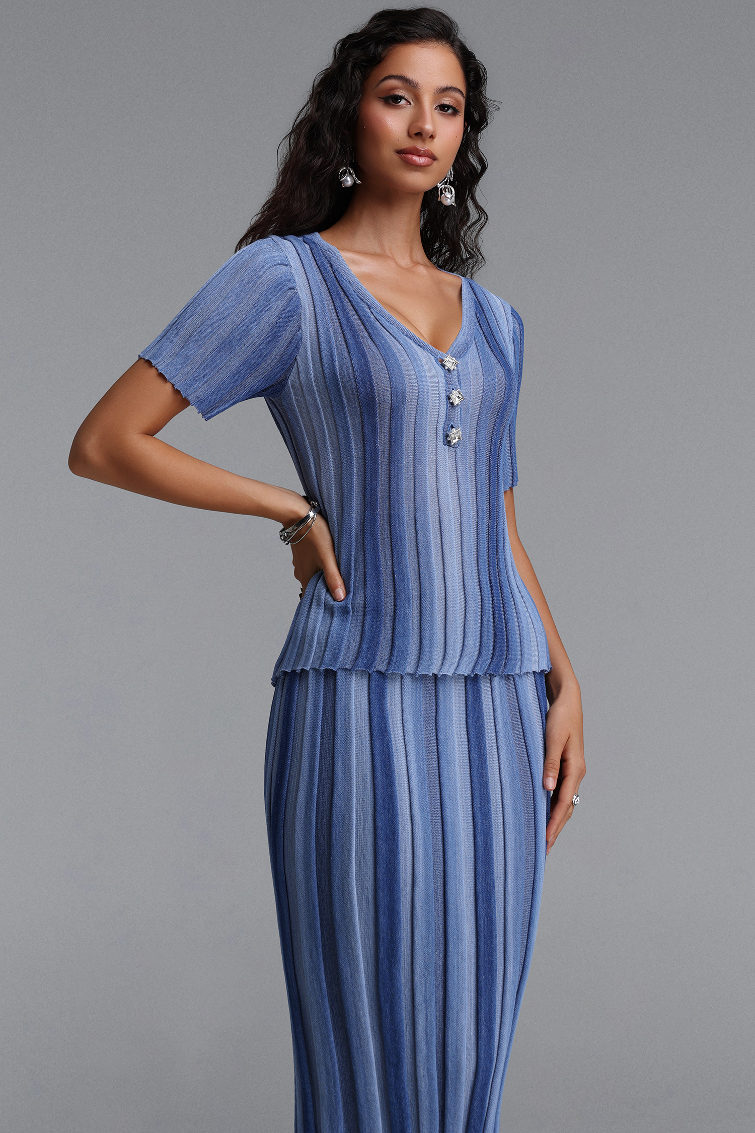 Sergio Vintage Contour Short Sleeve Striped Knit Maxi Dress