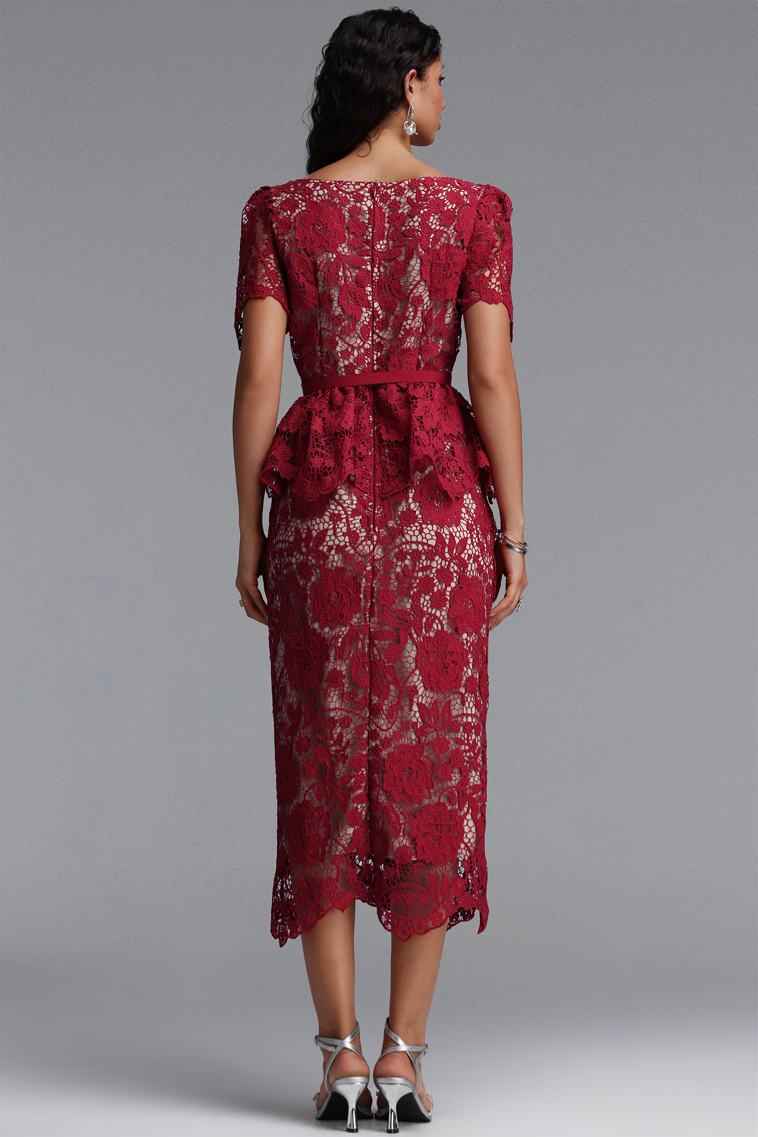 Quinn Elegant Cinched Short Sleeve Floral Lace Red Maxi Dress