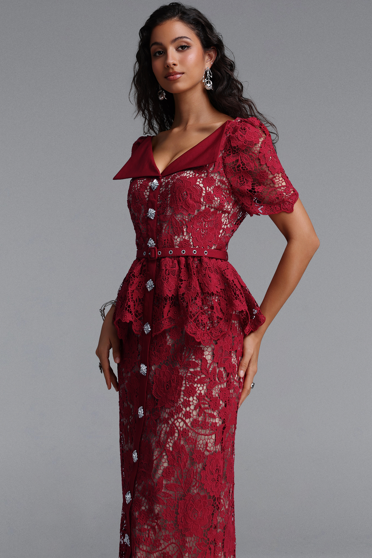 Quinn Elegant Cinched Short Sleeve Floral Lace Red Maxi Dress