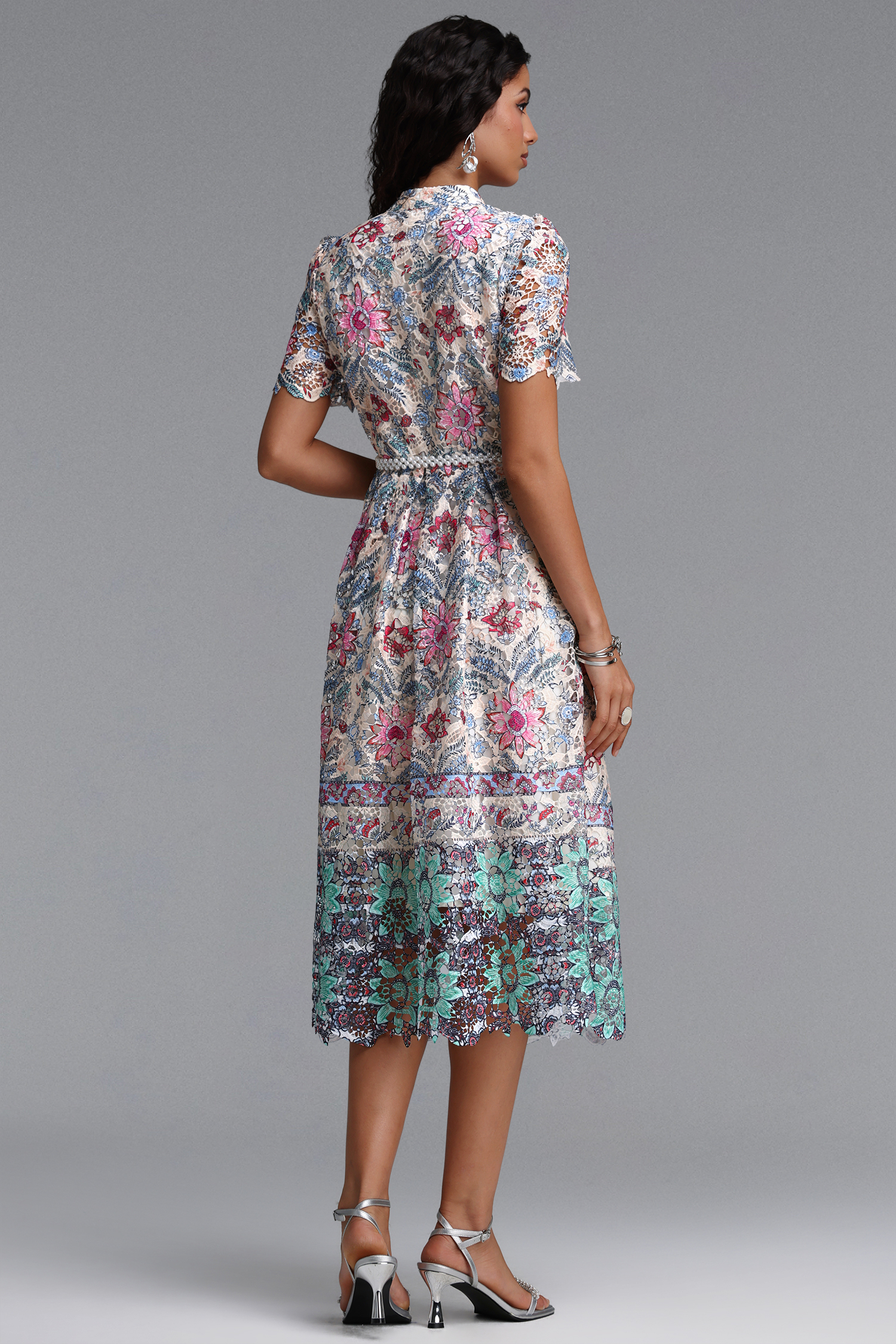Rojo Resort Flowy Short Sleeve Floral Print Lace Midi Dress