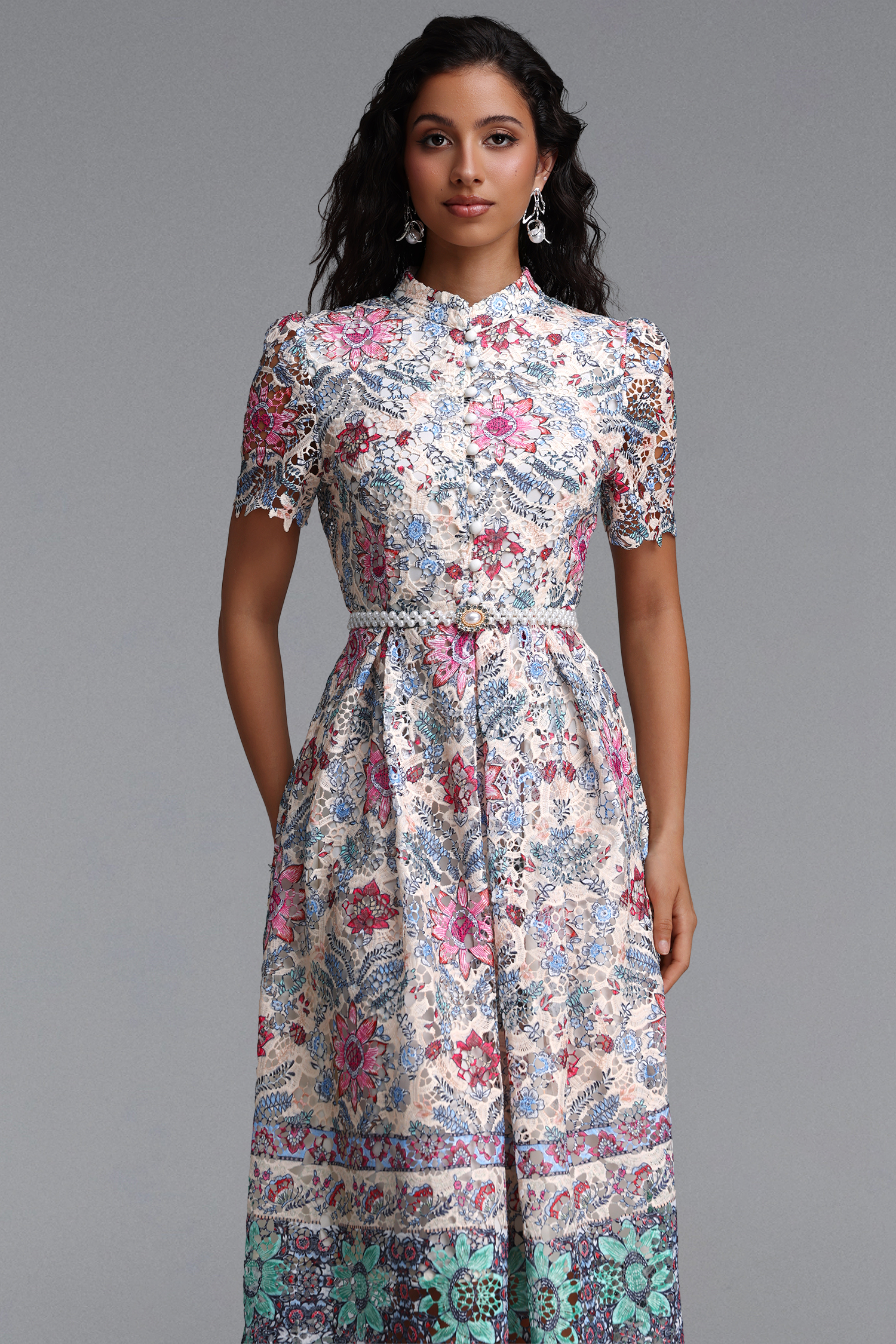 Rojo Resort Flowy Short Sleeve Floral Print Lace Midi Dress