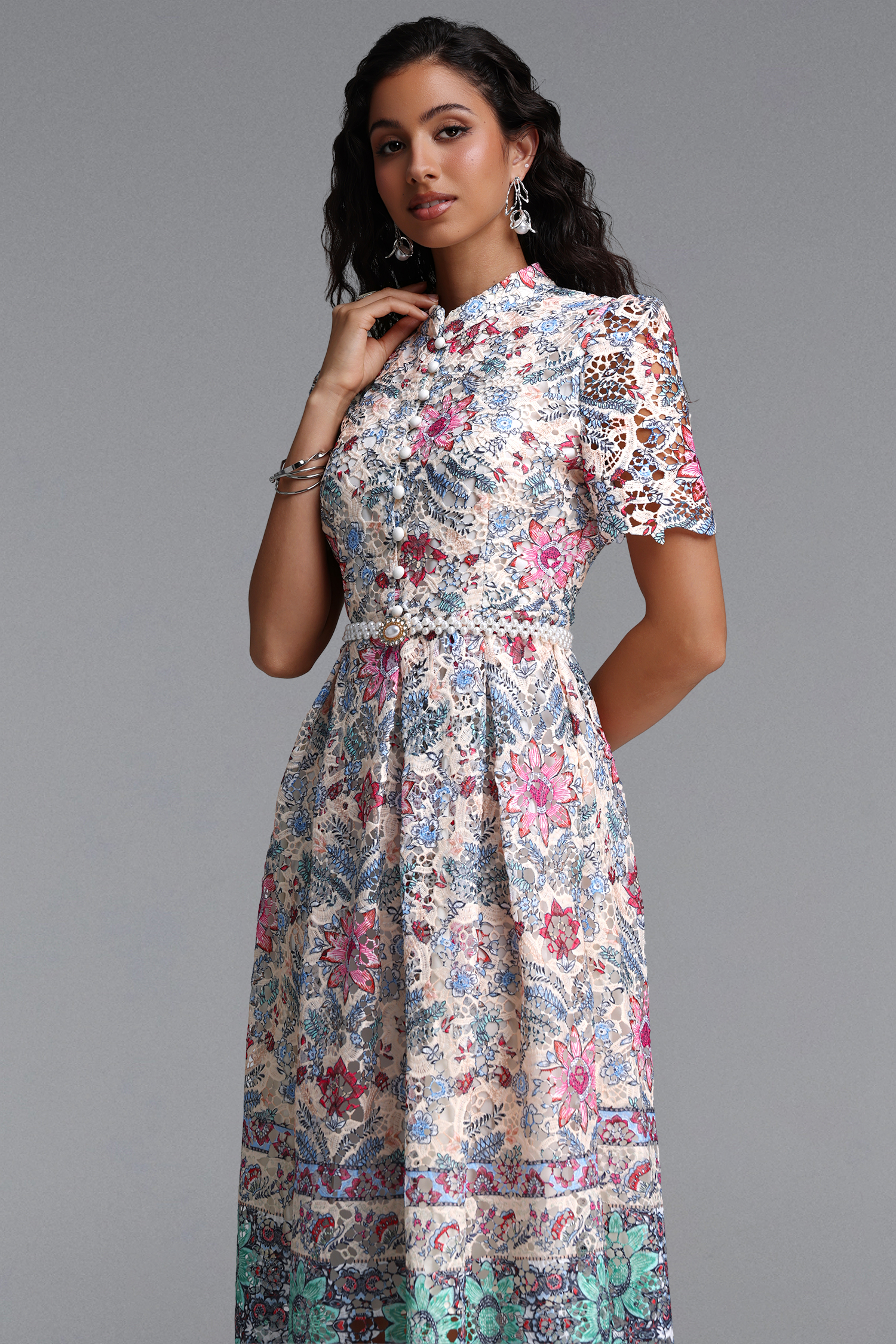 Rojo Resort Flowy Short Sleeve Floral Print Lace Midi Dress