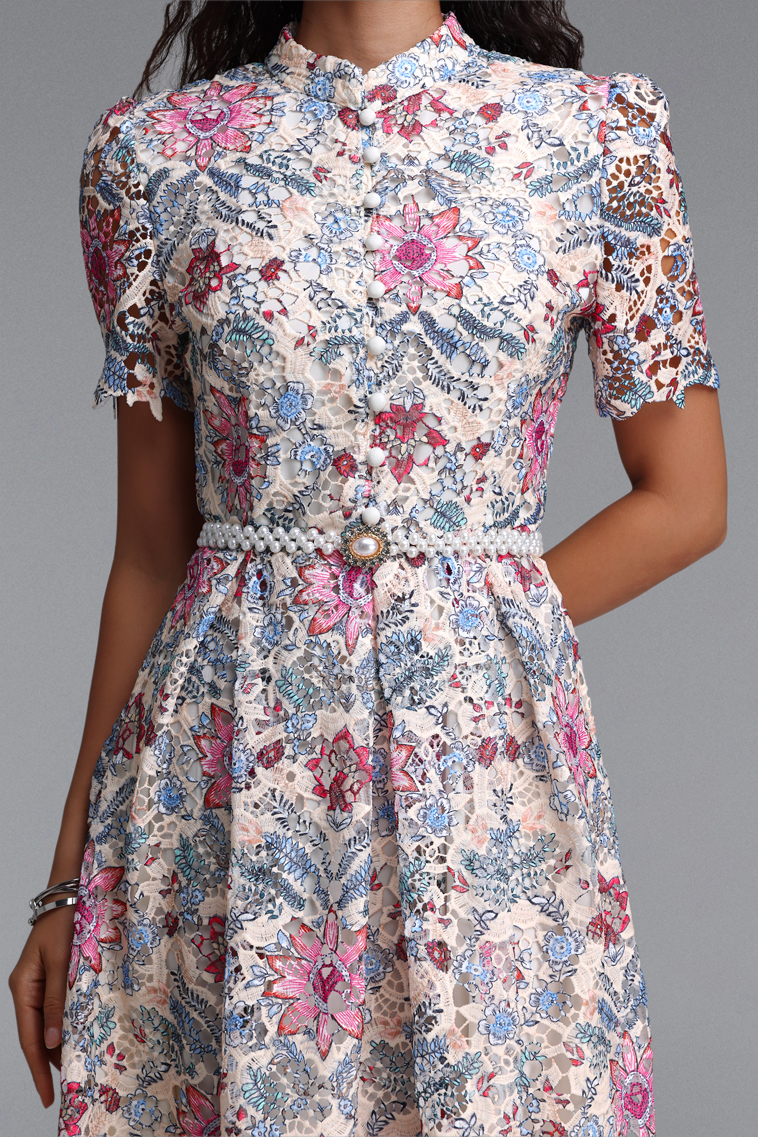 Rojo Resort Flowy Short Sleeve Floral Print Lace Midi Dress