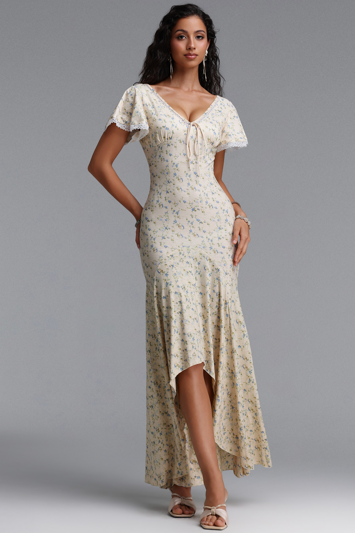 Montigo Romantic Contour Short Sleeve Ruffle Knit Maxi Dress
