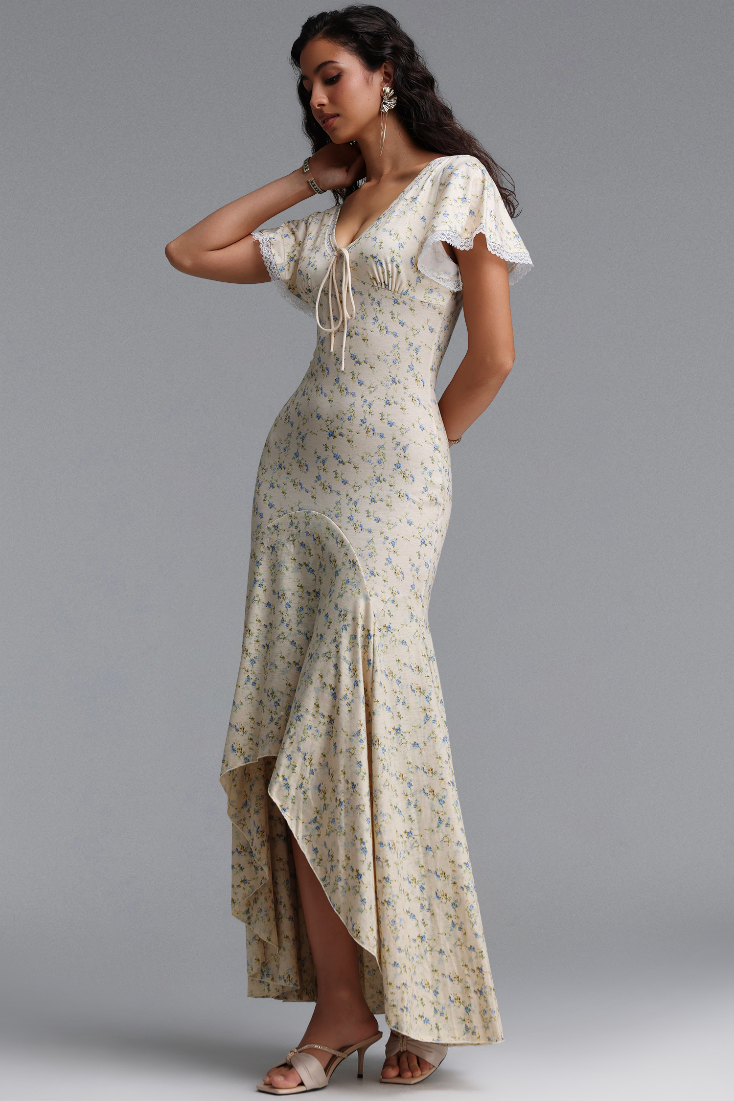 Montigo Romantic Contour Short Sleeve Ruffle Knit Maxi Dress