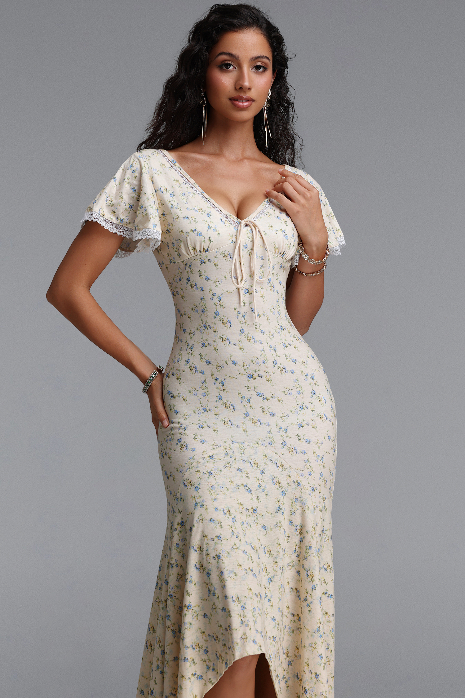 Montigo Romantic Contour Short Sleeve Ruffle Knit Maxi Dress