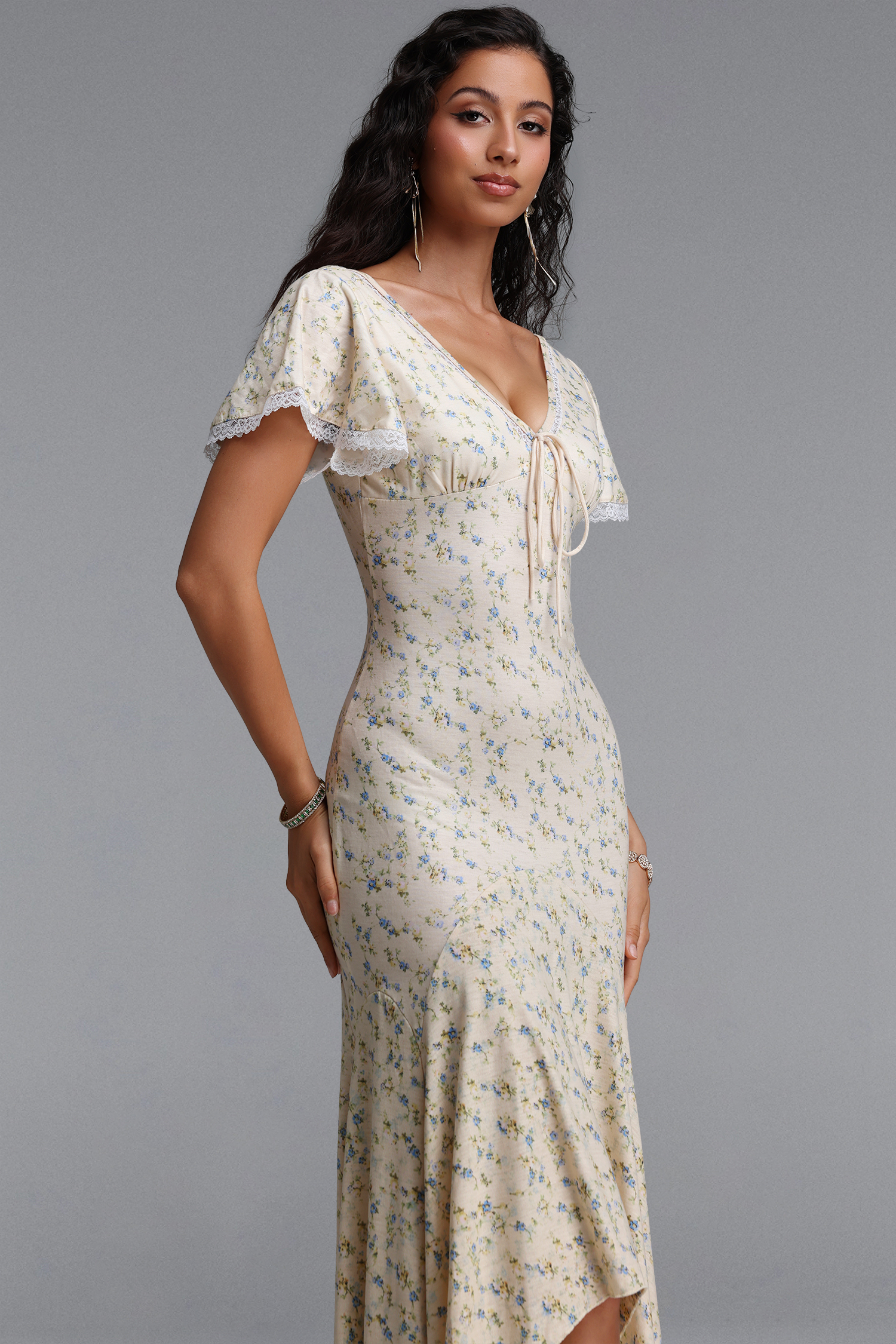 Montigo Romantic Contour Short Sleeve Ruffle Knit Maxi Dress