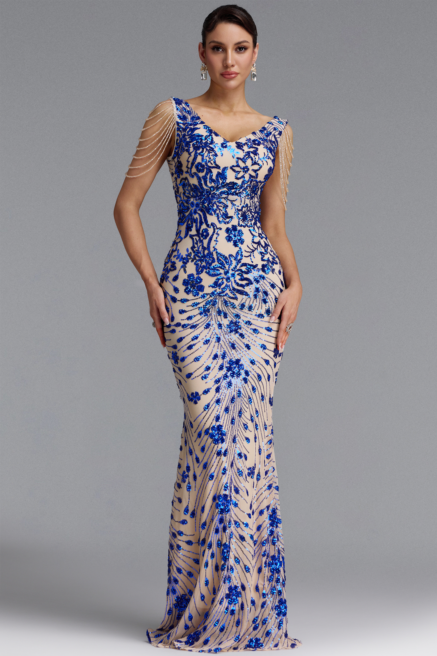Zaha Classic V Neck Tassel Beaded Shoulder Sequin Mermaid Maxi Dress