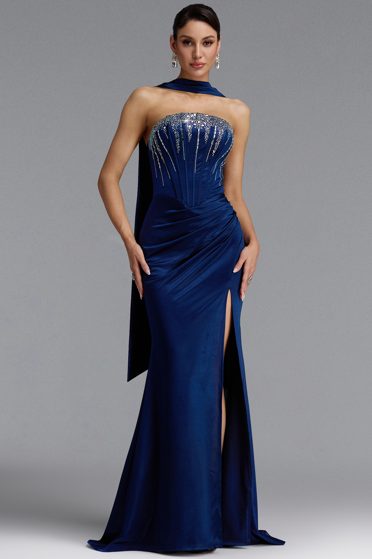 Ritana Elegant Strapless Ruched Slit Maxi Dress