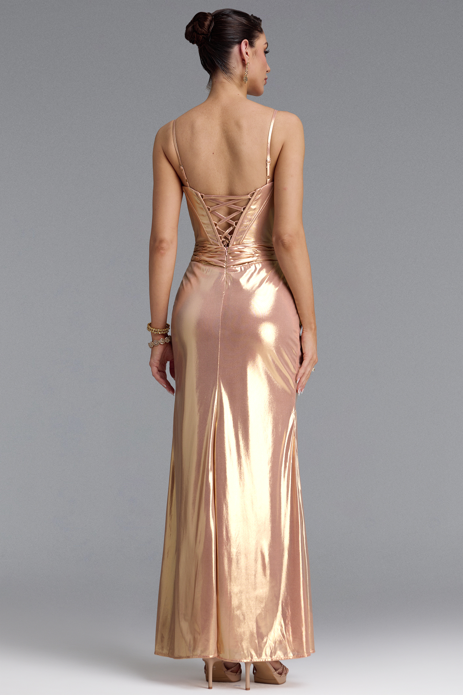 Mikko Classic Thin Strap Rhinestone Twist Metallic Slit Maxi Dress