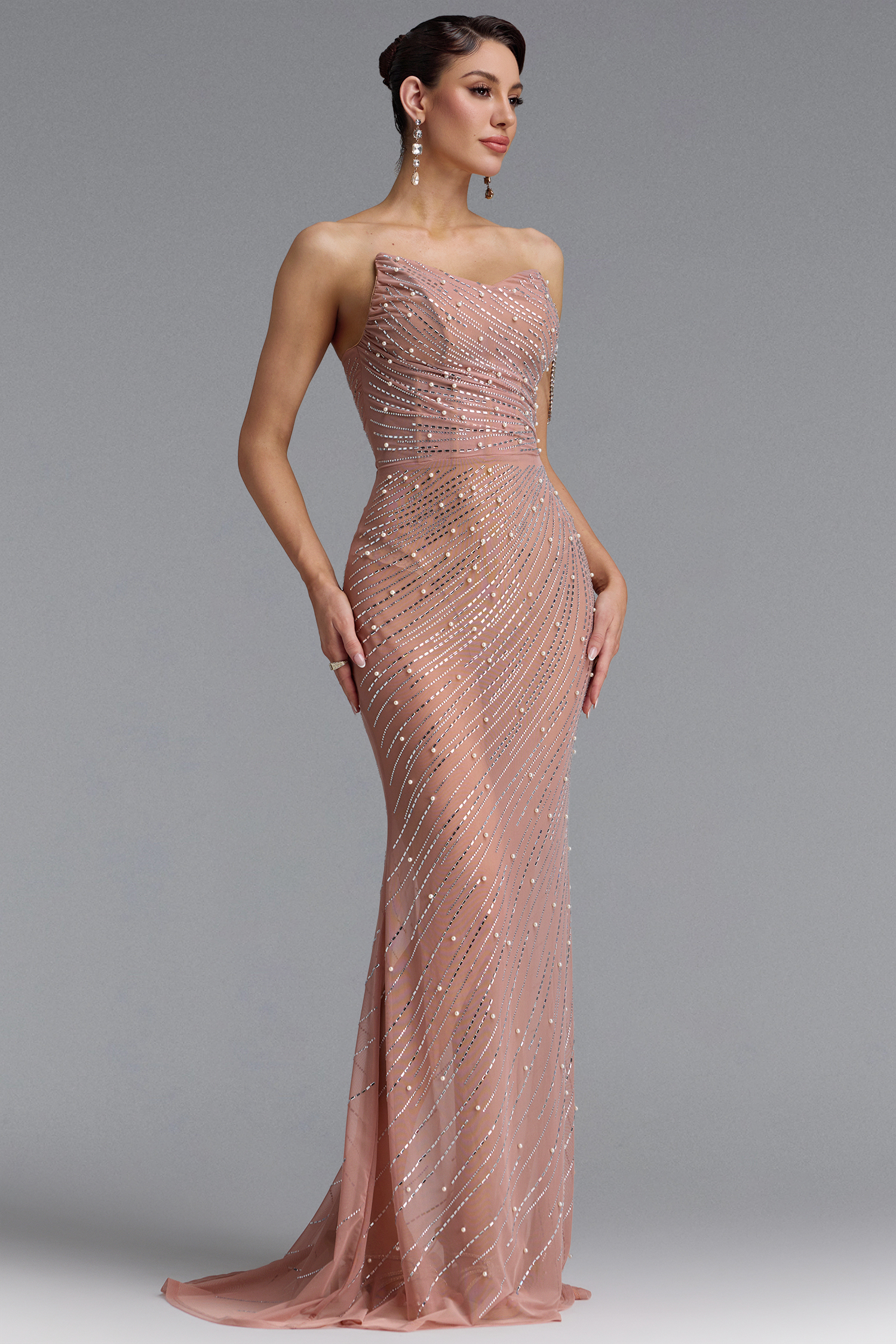 Georgiana Sexy Strapless Pearl Rhinestone Maxi Dress