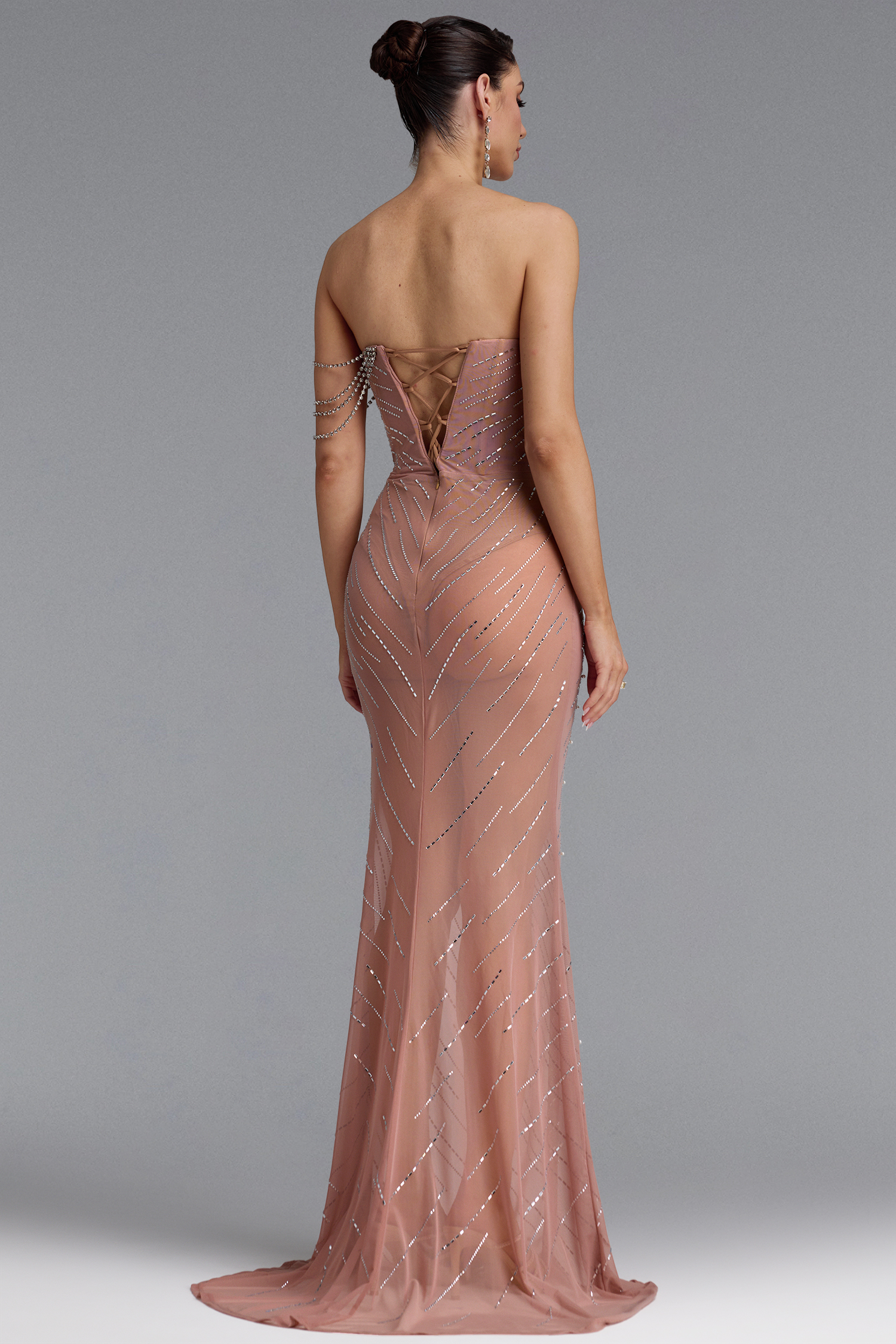 Georgiana Sexy Strapless Pearl Rhinestone Maxi Dress