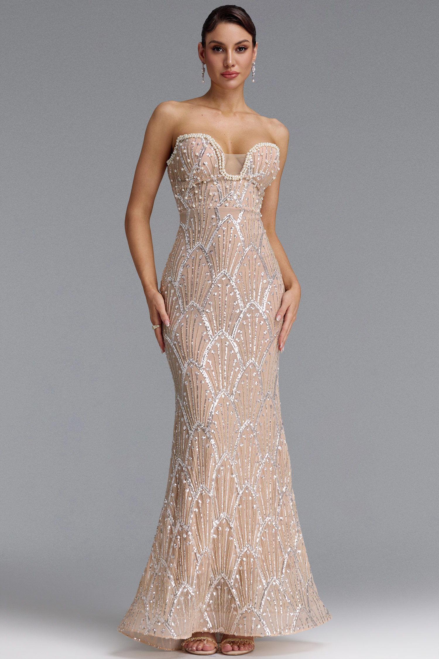 Yvaine Strapless Pearl Trim Fish Scale Rhinestone Bandage Maxi Dress