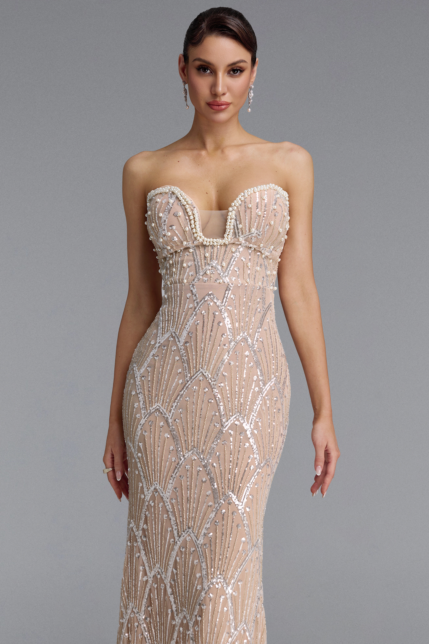 Yvaine Strapless Pearl Trim Fish Scale Rhinestone Bandage Maxi Dress