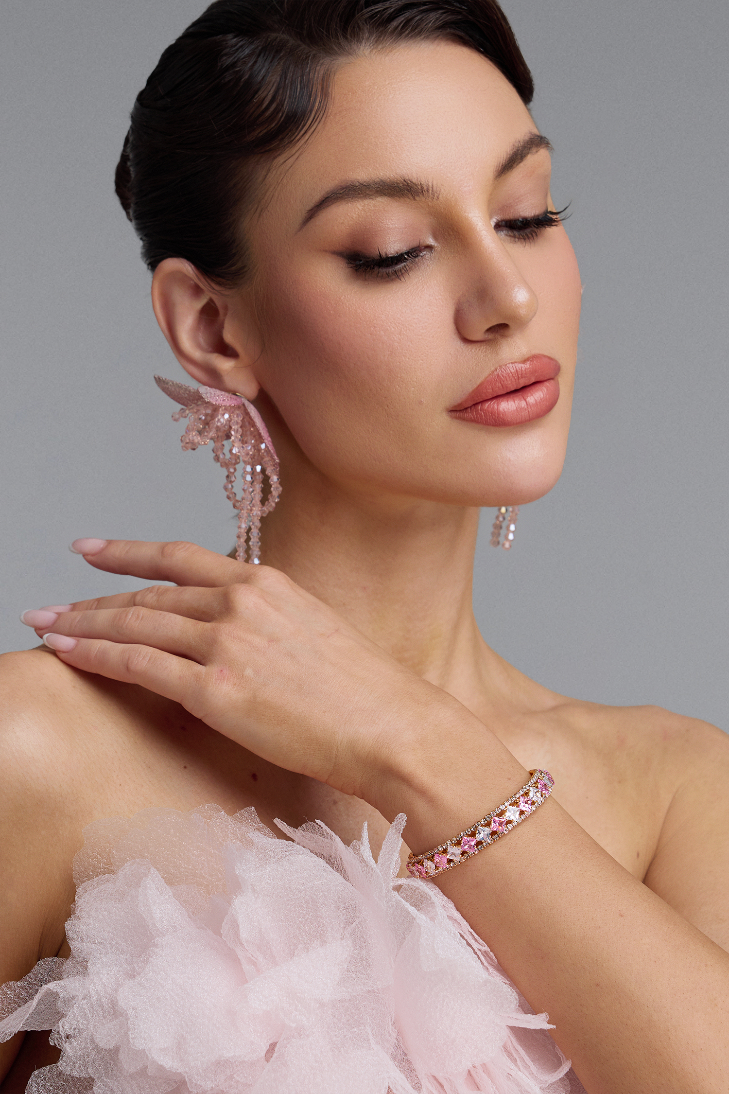 Villy Double Layer Square Pink Zircon Hollow Gold Bracelet