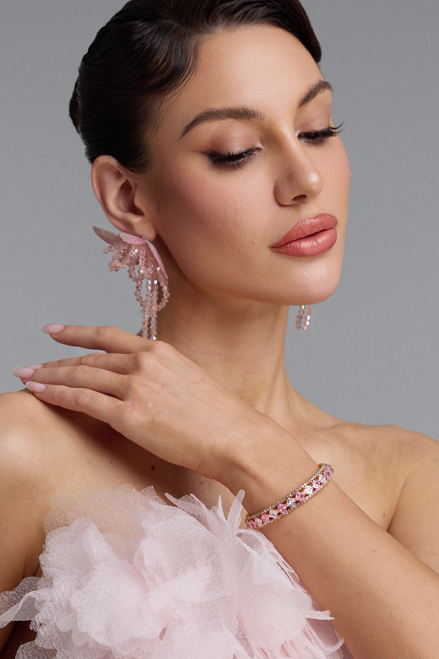 Villy Double Layer Square Pink Zircon Hollow Gold Bracelet