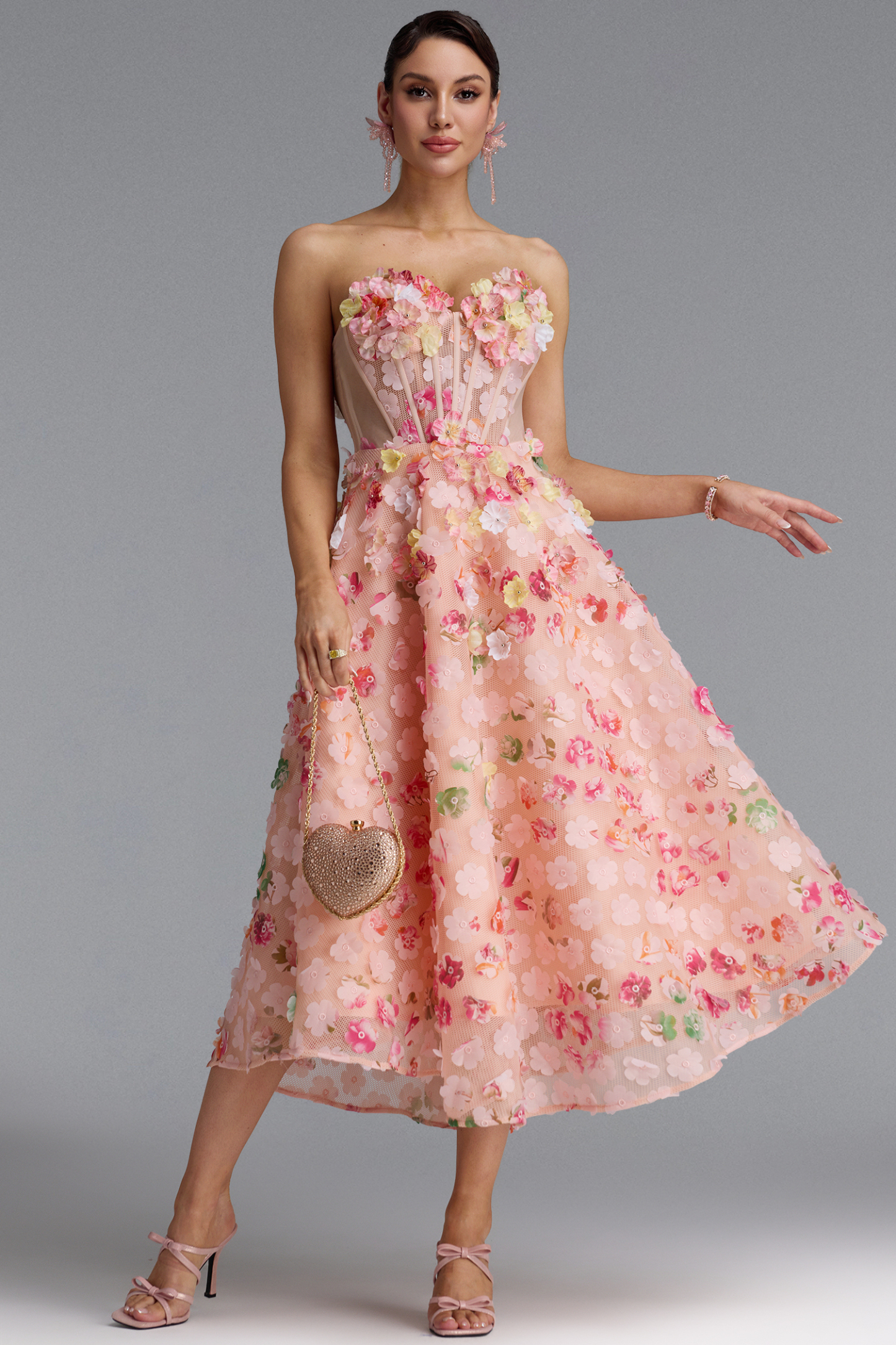 Julim Romantic Strapless Floral Midi Dress
