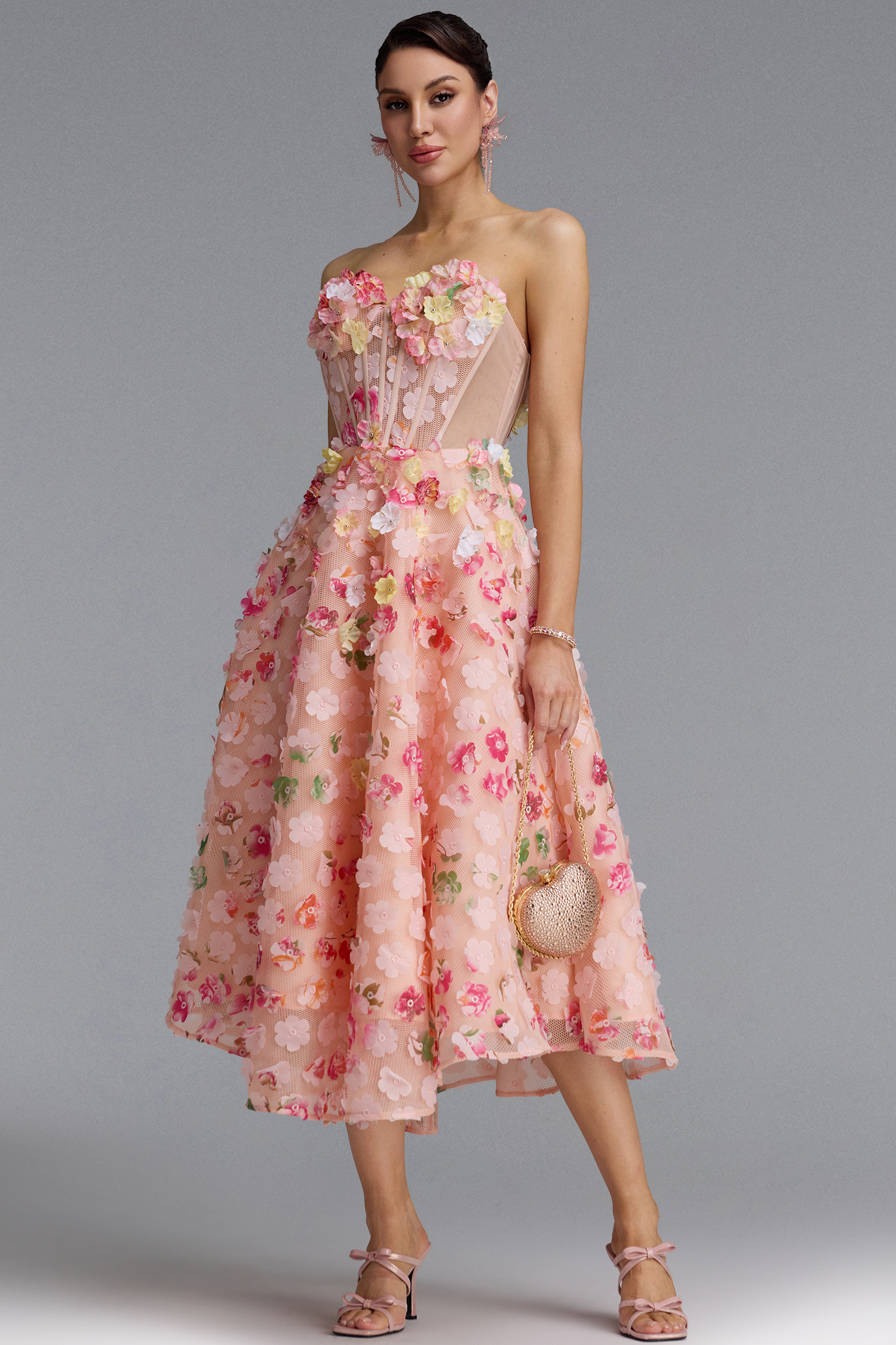 Julim Romantic Strapless Floral Midi Dress