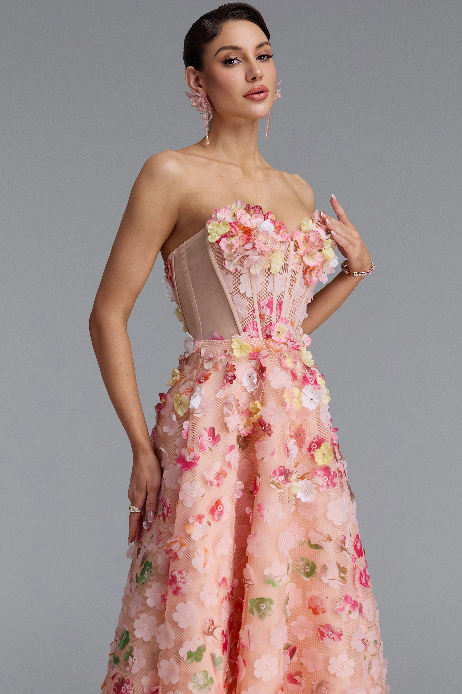 Julim Romantic Strapless Floral Midi Dress