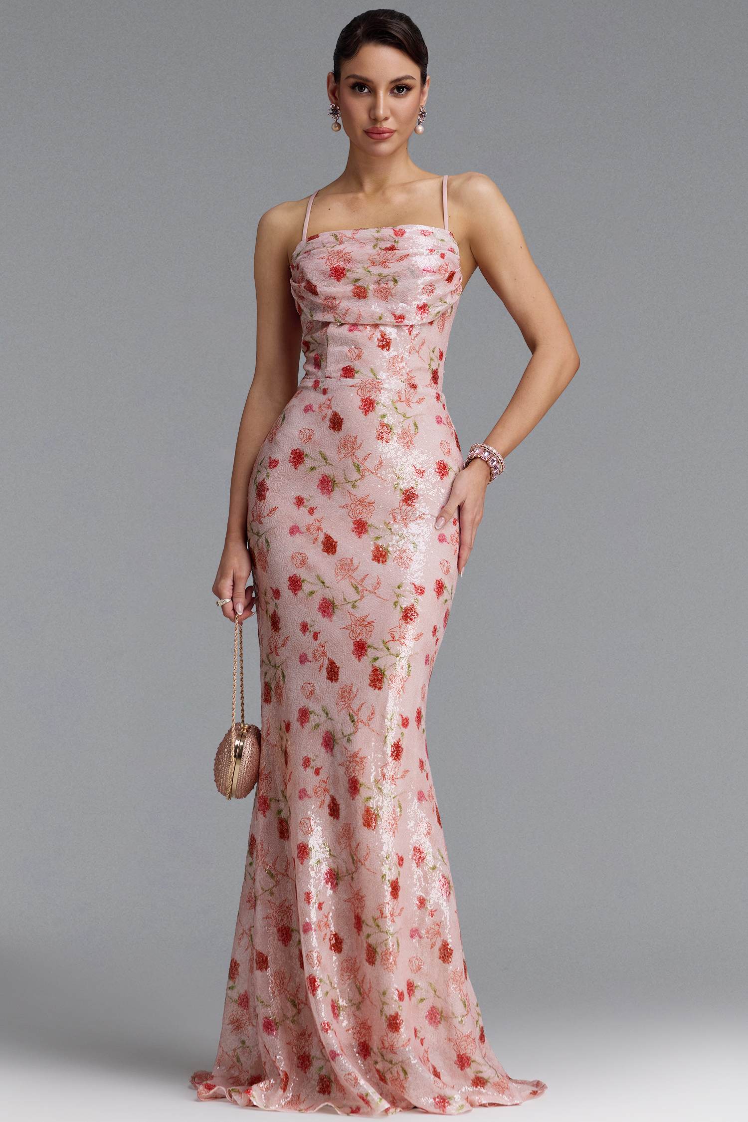 Dasia Elegant Spaghetti Strap Ruched Floral Sequin Maxi Dress