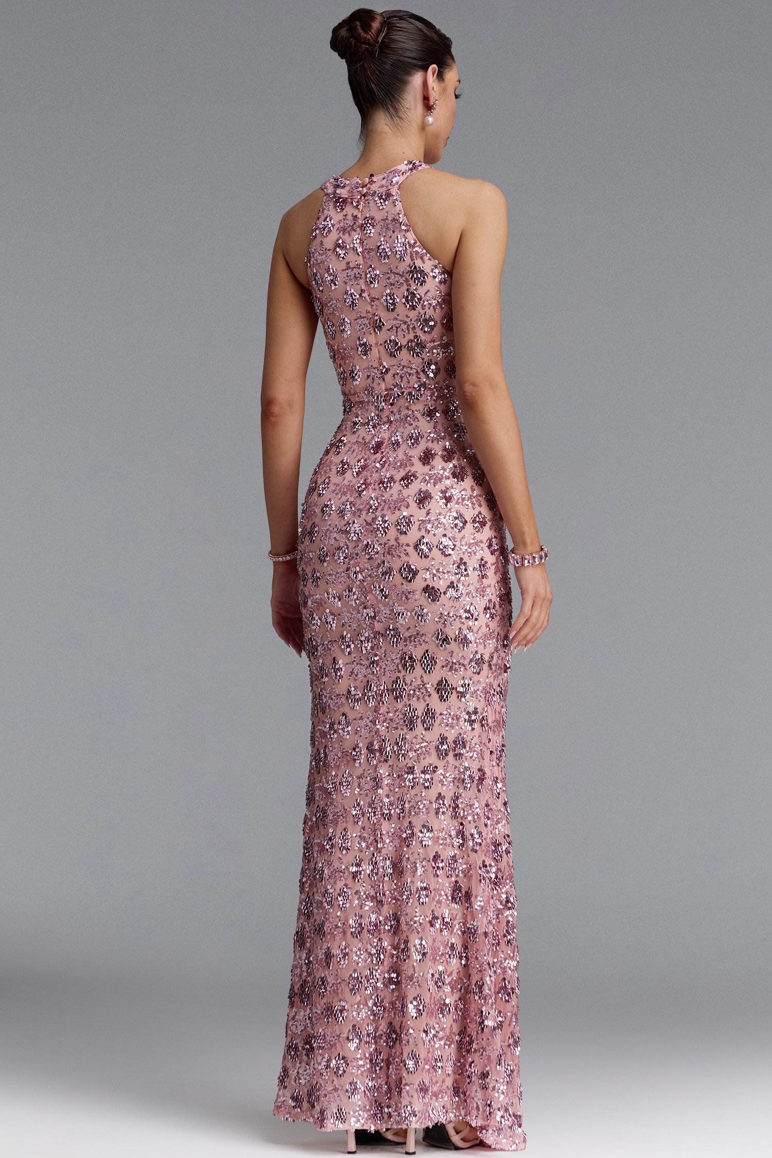 Goldi Chic Contour Halter Sequin Pink Maxi Dress