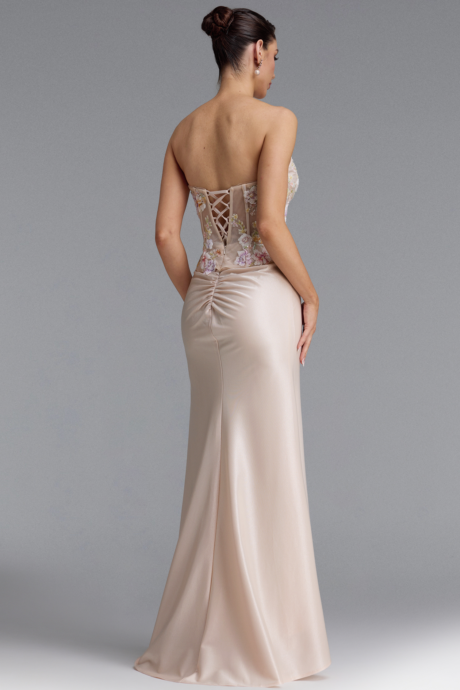 Poppy Luxury Strapless Floral Satin Mermaid Maxi Dress