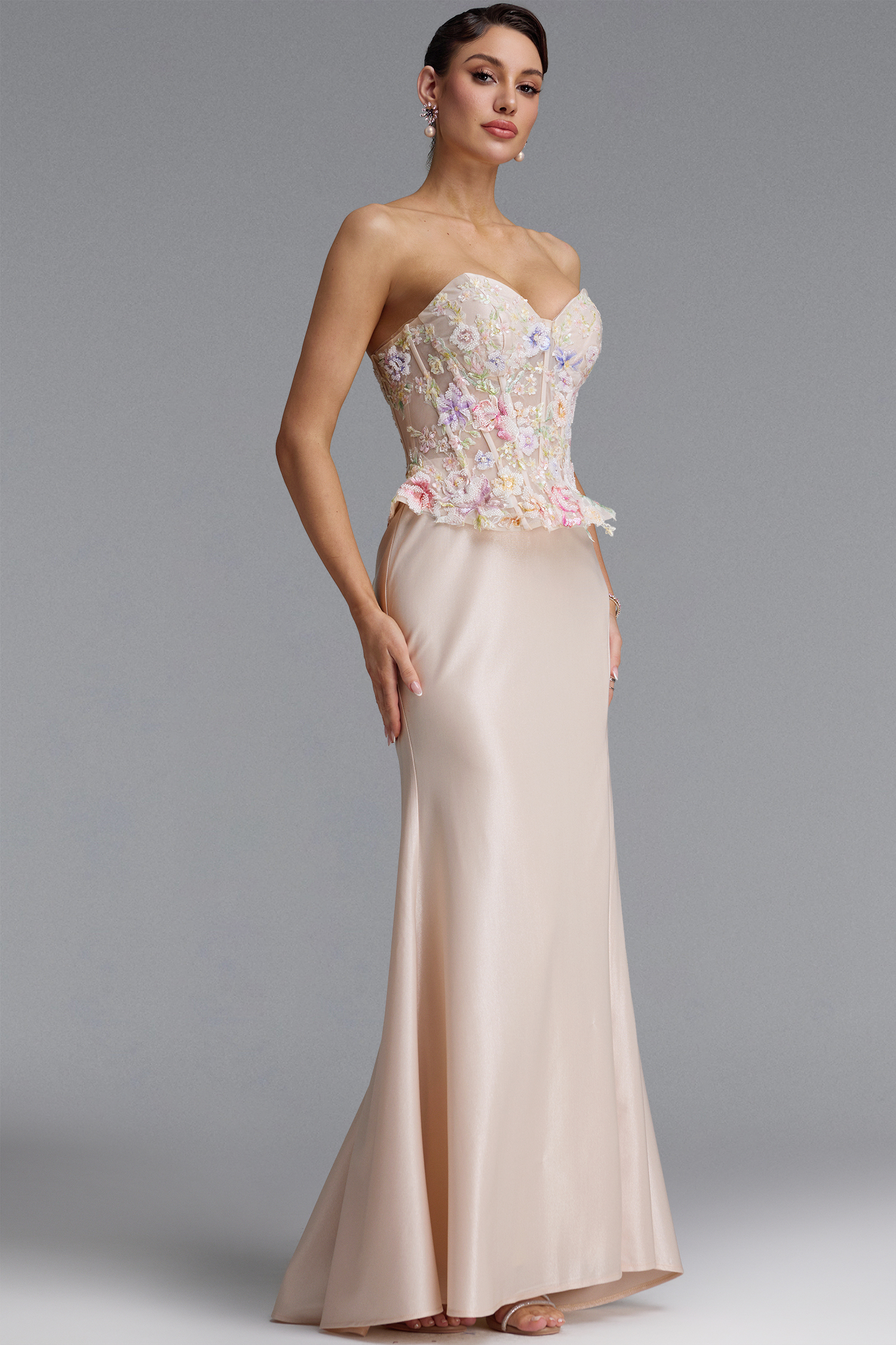 Poppy Luxury Strapless Floral Satin Mermaid Maxi Dress