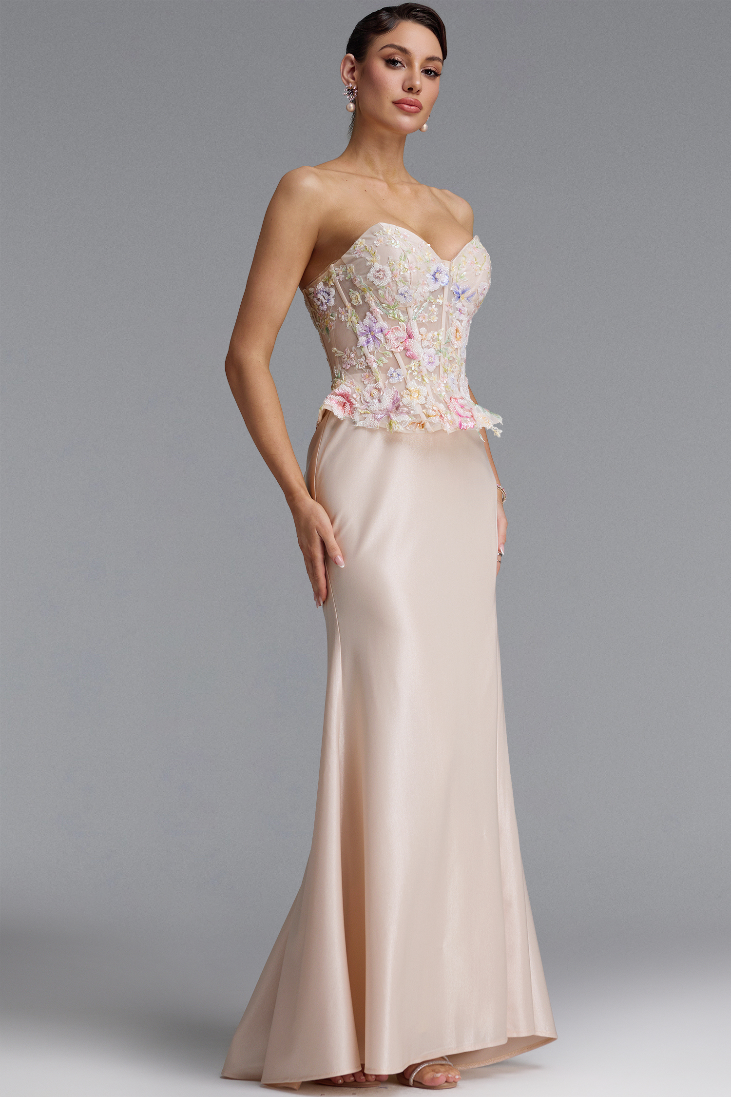 Poppy Luxury Strapless Floral Satin Mermaid Maxi Dress