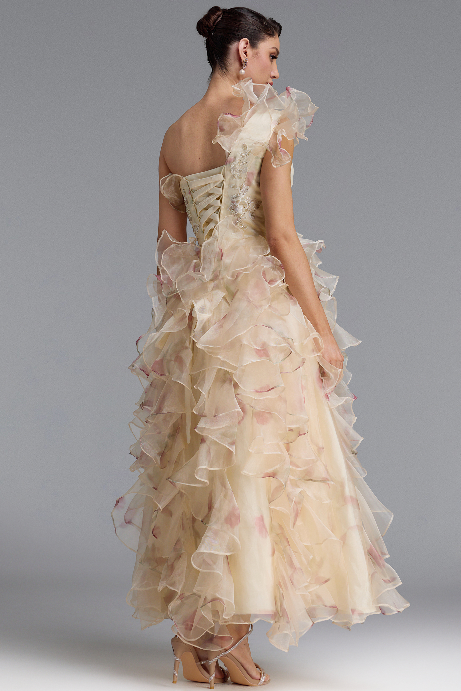 Nesya Classic One Shoulder Ruffle Floral Print Organza Maxi Dress