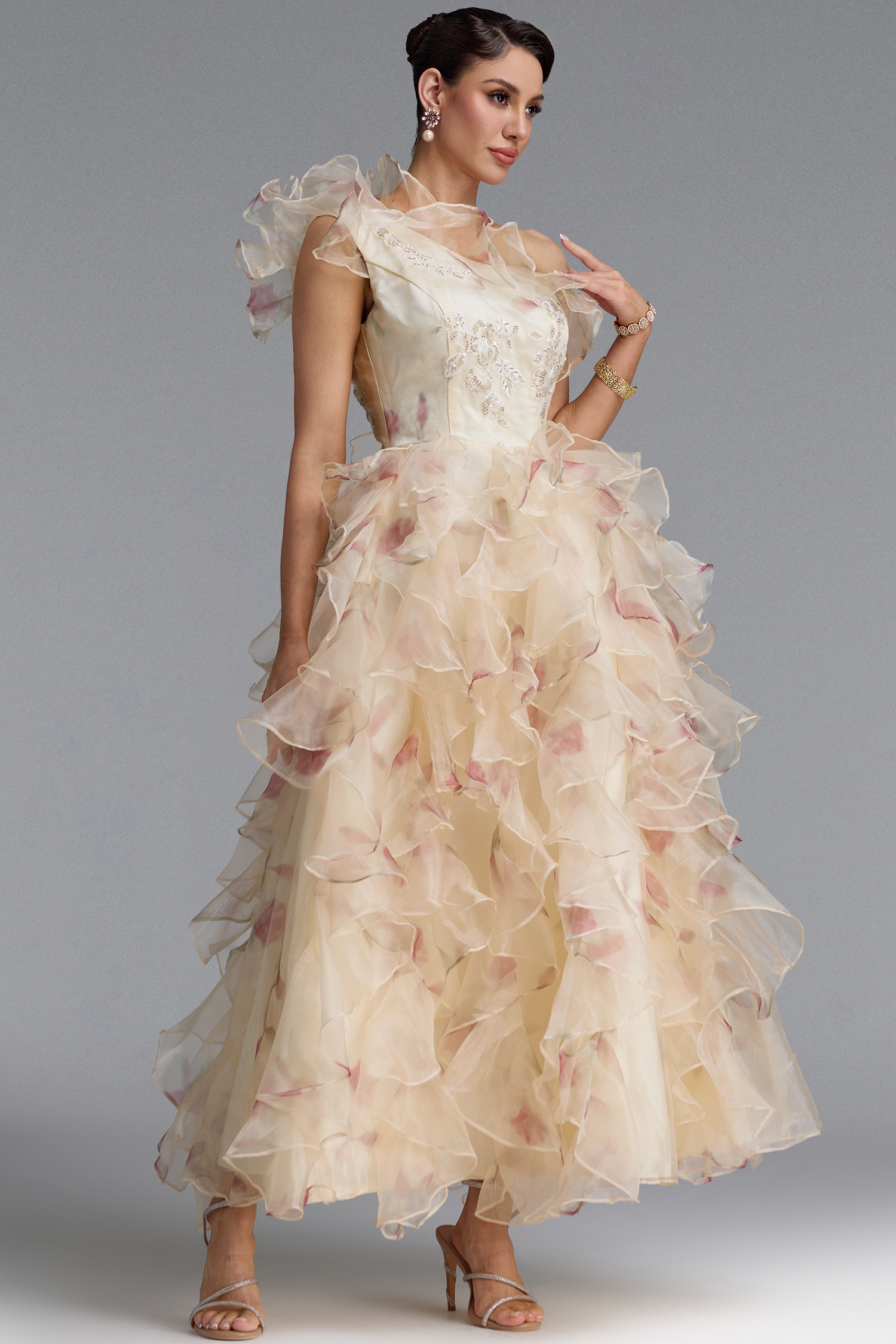 Nesya Classic One Shoulder Ruffle Floral Print Organza Maxi Dress