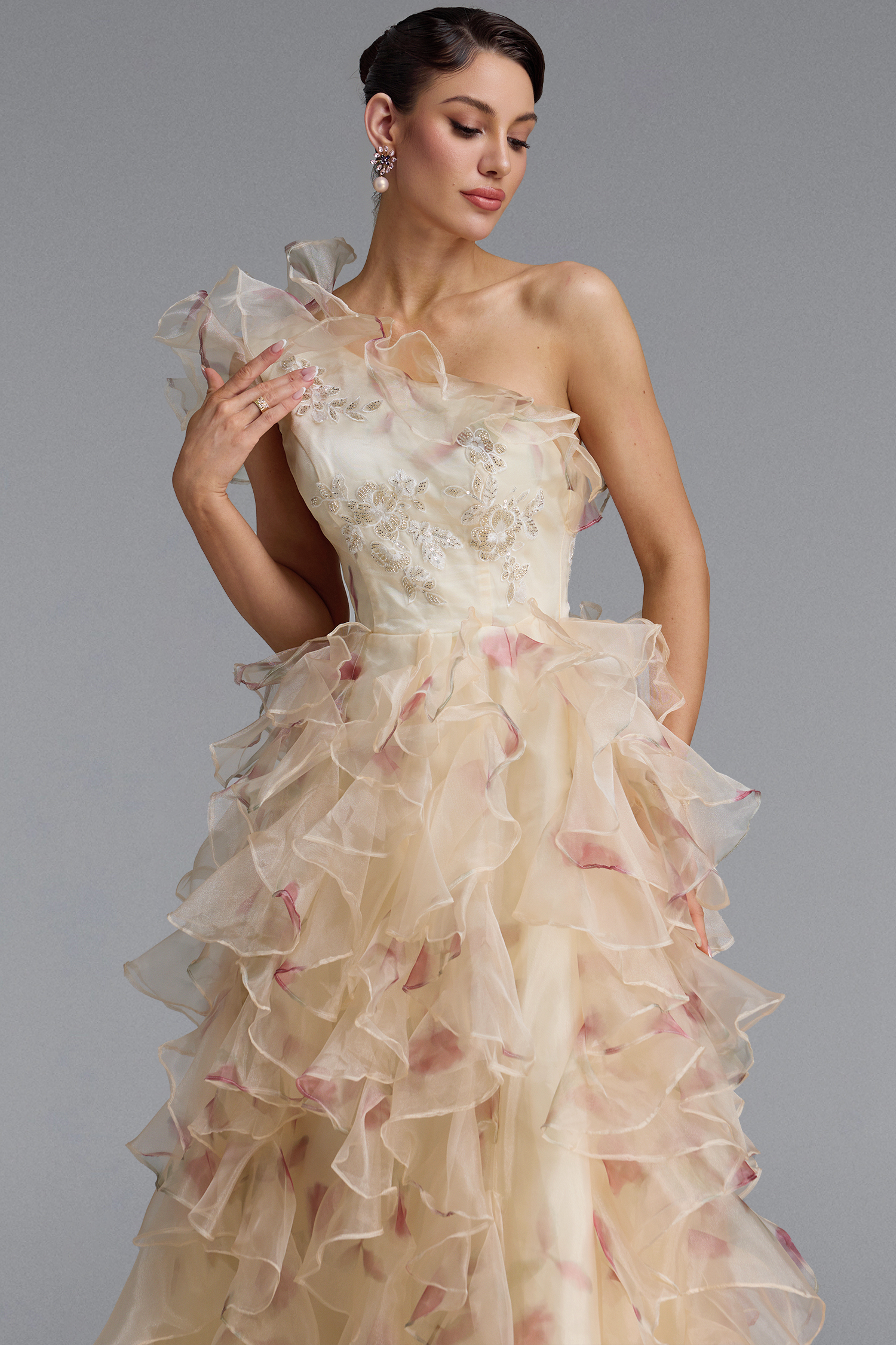 Nesya Classic One Shoulder Ruffle Floral Print Organza Maxi Dress