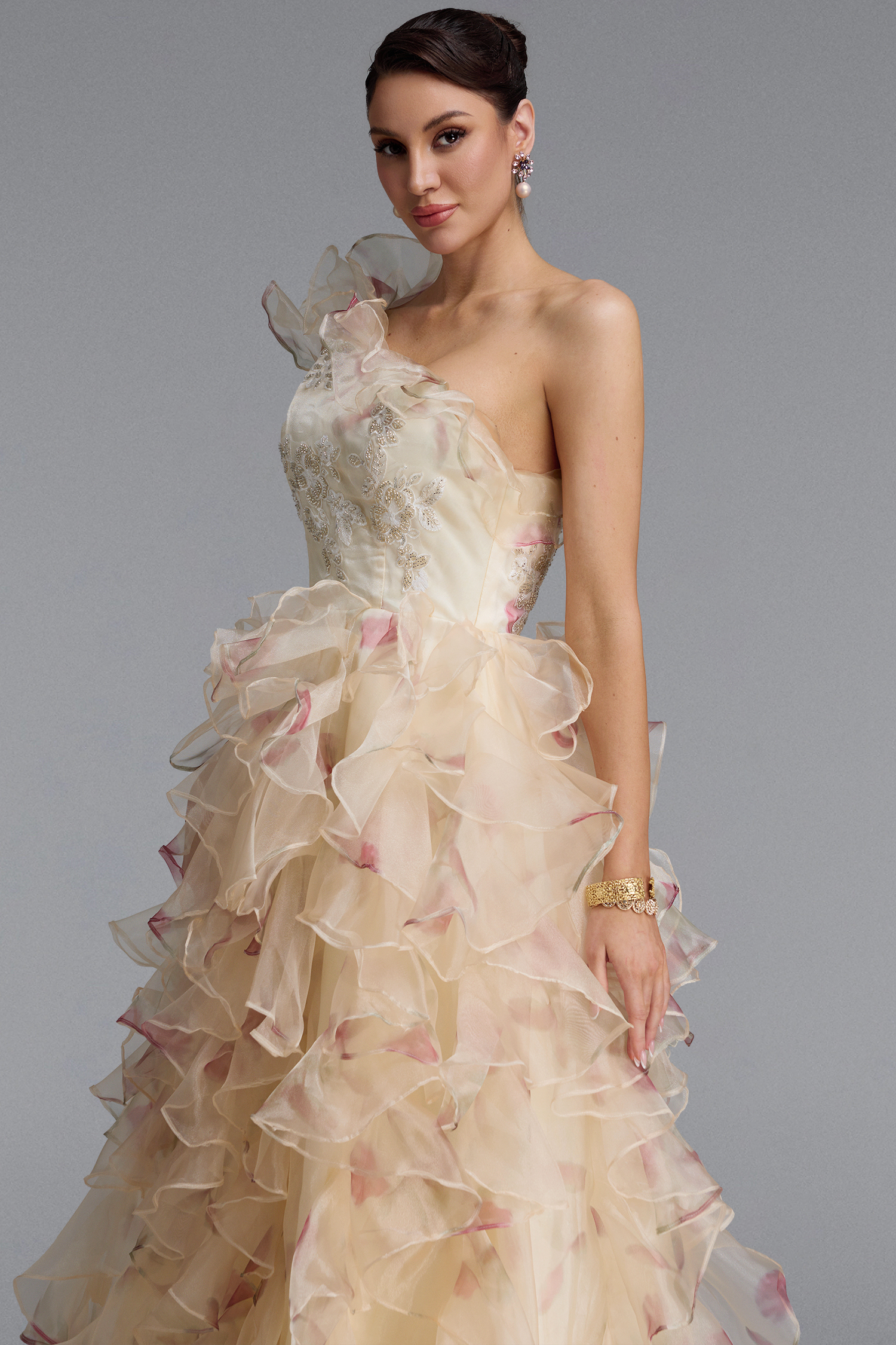 Nesya Classic One Shoulder Ruffle Floral Print Organza Maxi Dress