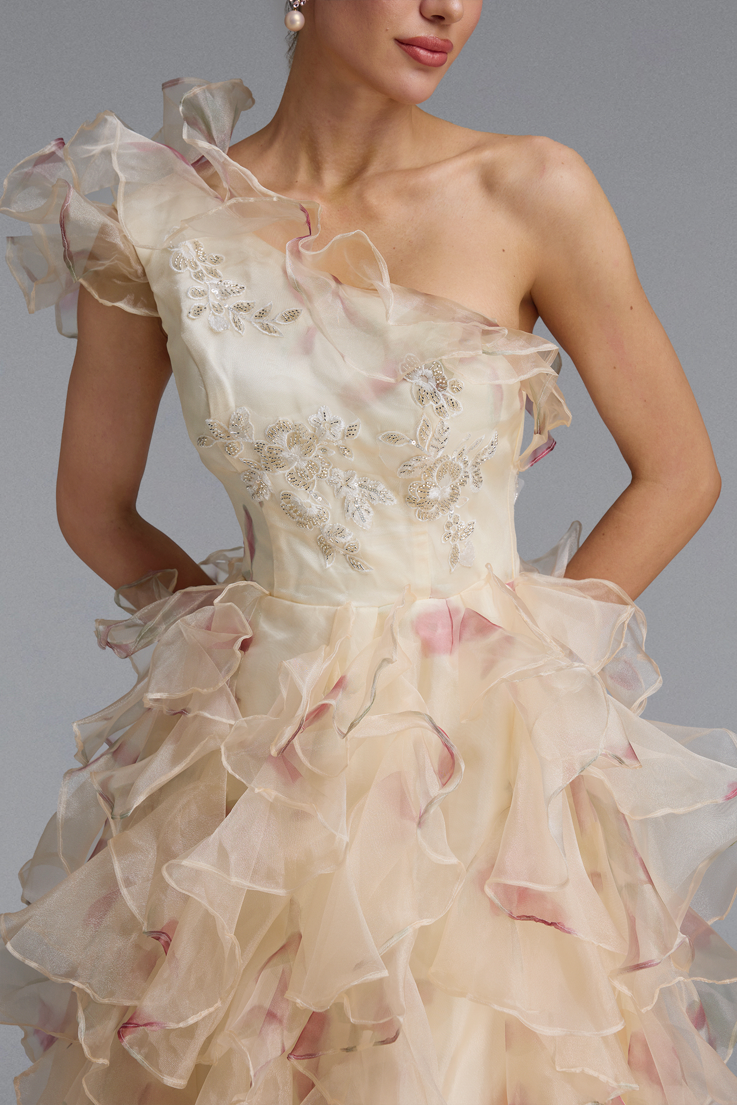 Nesya Classic One Shoulder Ruffle Floral Print Organza Maxi Dress