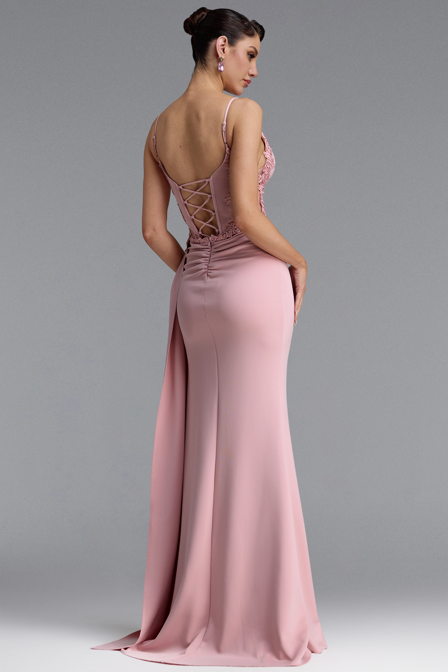 Henlina Romantic Spaghetti Strap Floral Embroidery Slit Lace Mermaid Pink Maxi Dress
